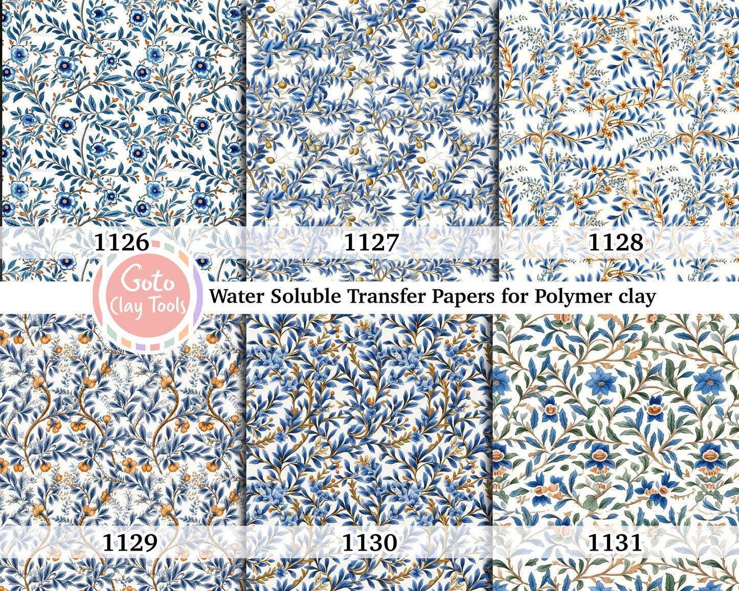 Water soluble Transfer paper for polymer clay, Blue leaves chinoisserie pattern, polymer clay image transfers, magic transfer paper