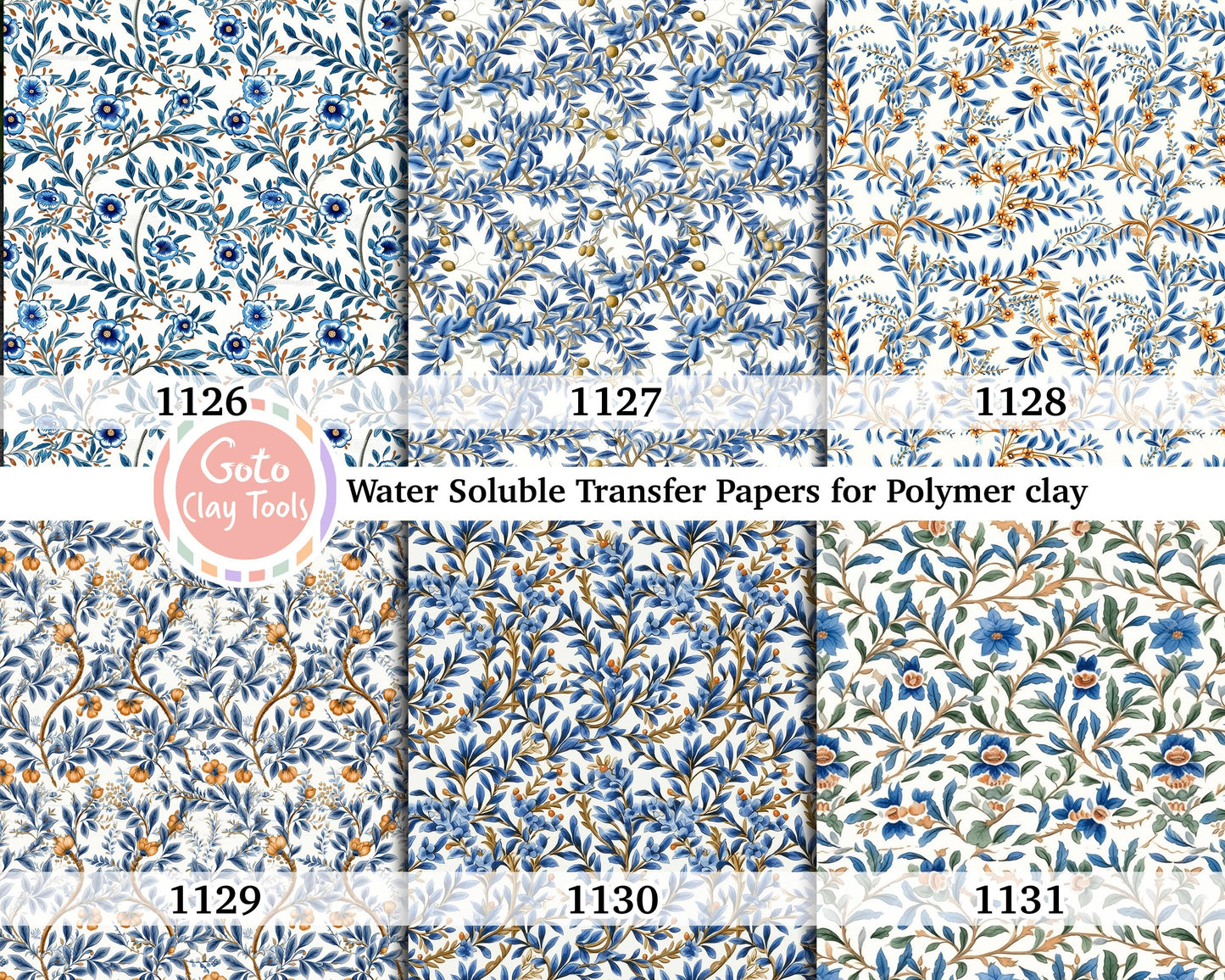 Blue Chinoiserie Polymer Clay Transfer Paper: Water Soluble
