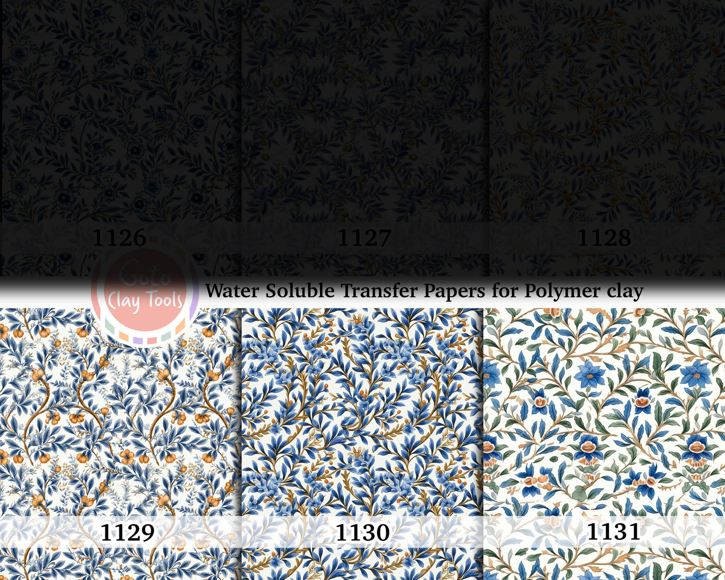Blue Chinoiserie Polymer Clay Transfer Paper: Water Soluble