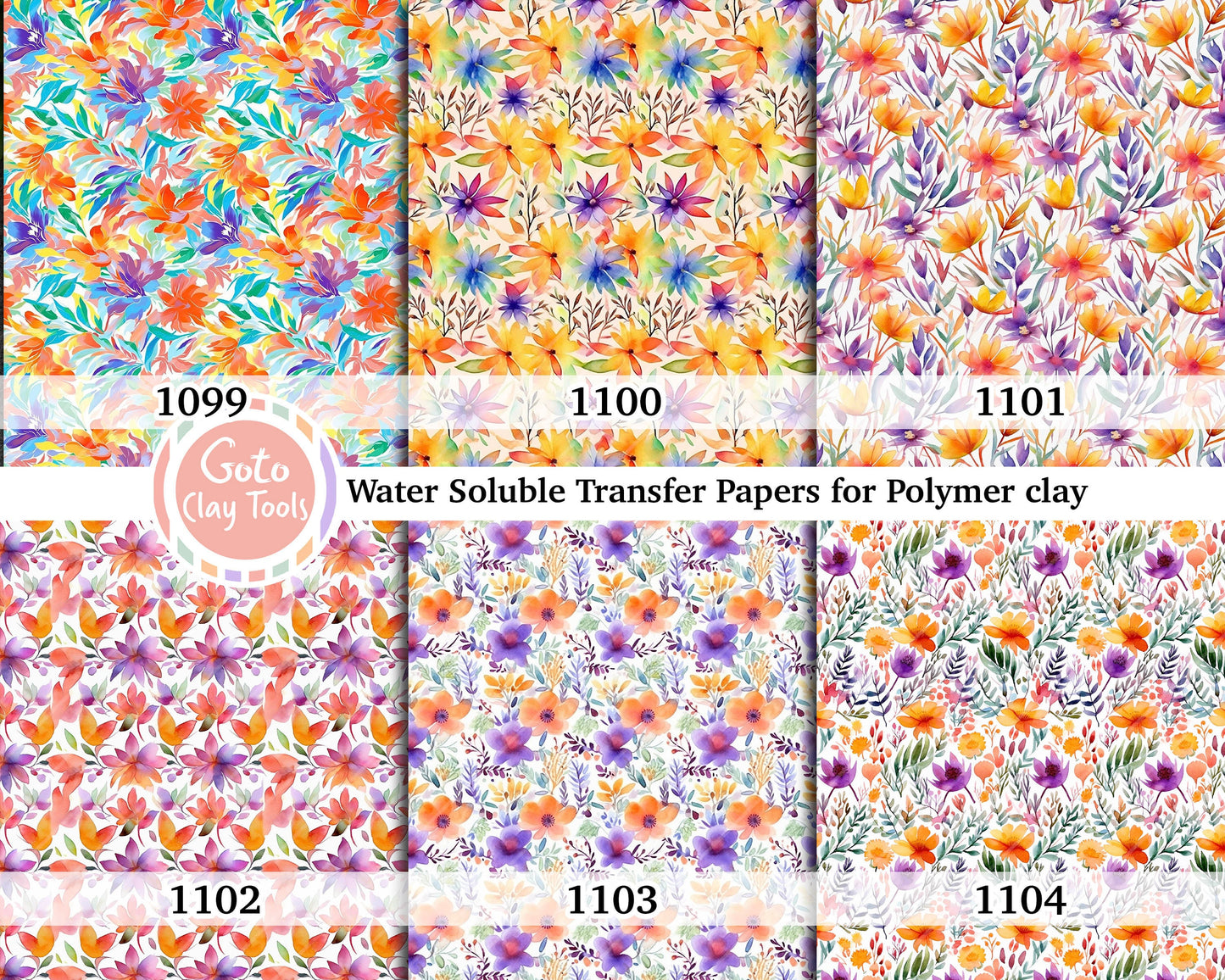 Watercolor Floral Transfer Paper for Polymer Clay (4x5.5 inch)
