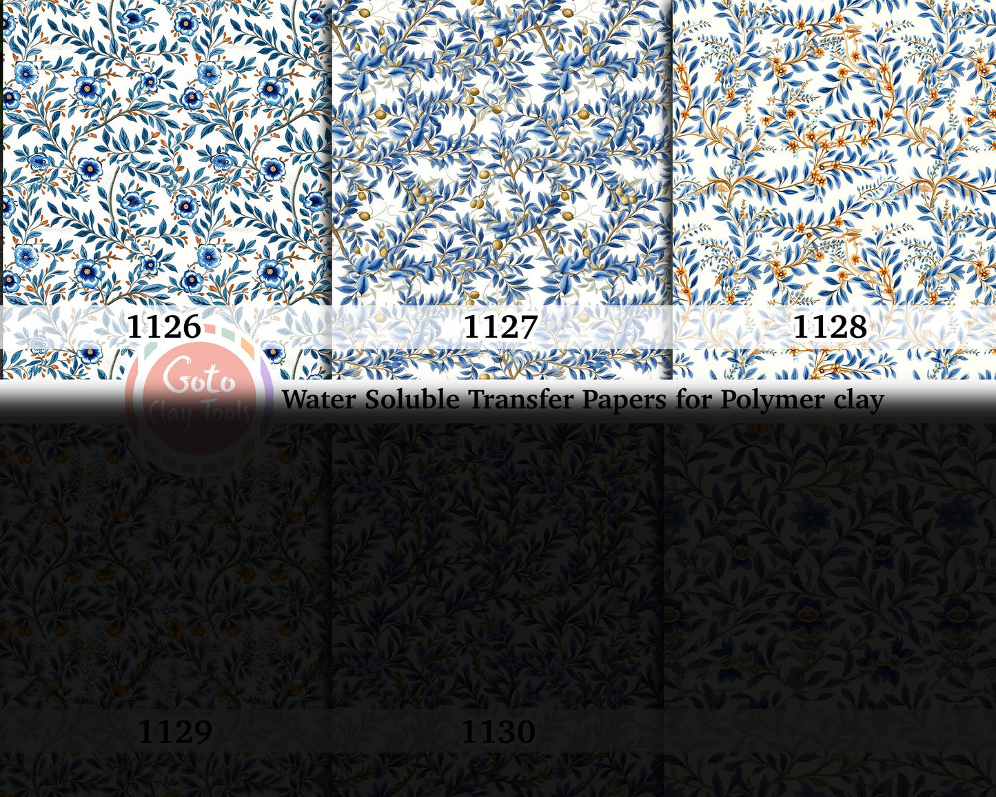 Water soluble Transfer paper for polymer clay, Blue leaves chinoisserie pattern, polymer clay image transfers, magic transfer paper