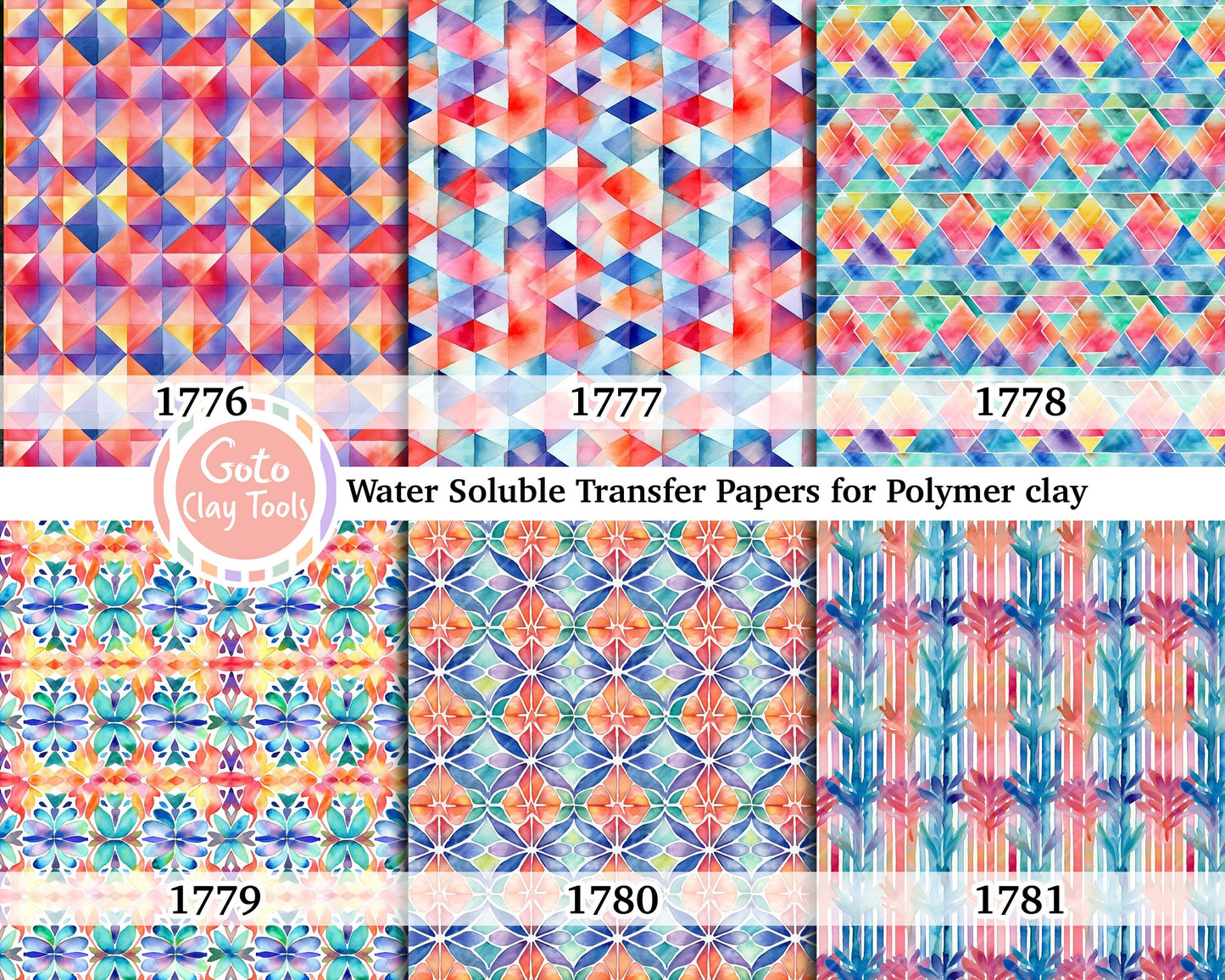 Water soluble Transfer paper for polymer clay, Watercolor geometrical pattern, polymer clay image transfers, magic transfer paper