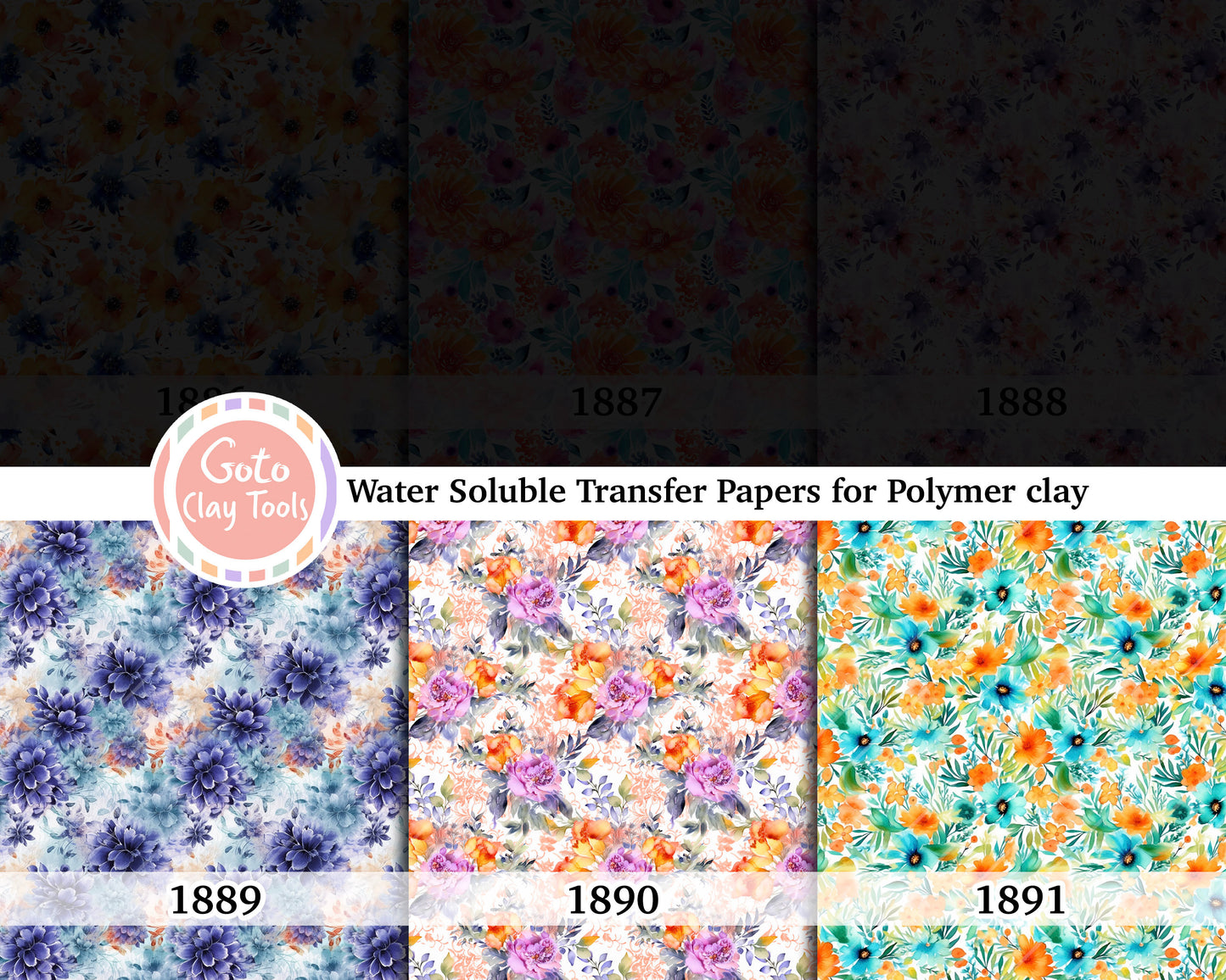 Blue floral Water soluble Transfer paper for polymer clay, Colorful watercolor flower, polymer clay image transfers, magic transfer paper