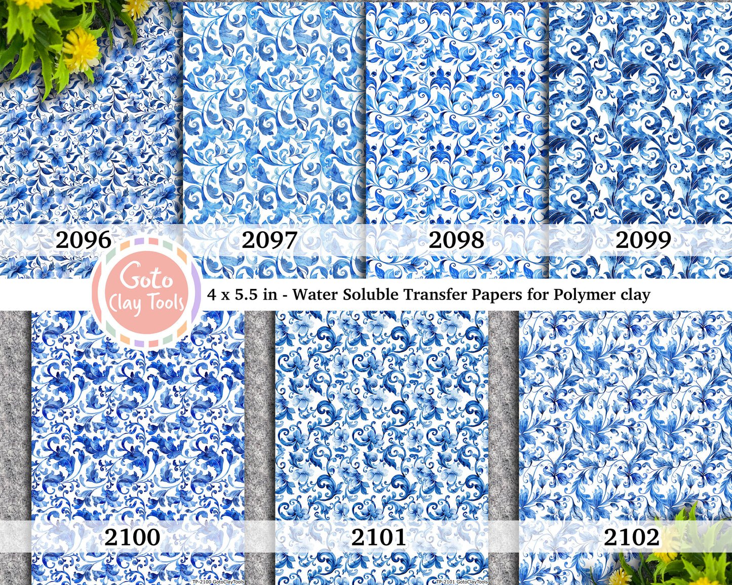 Blue Floral Water Soluble Transfer Paper for Polymer Clay (4x5.5 inches)