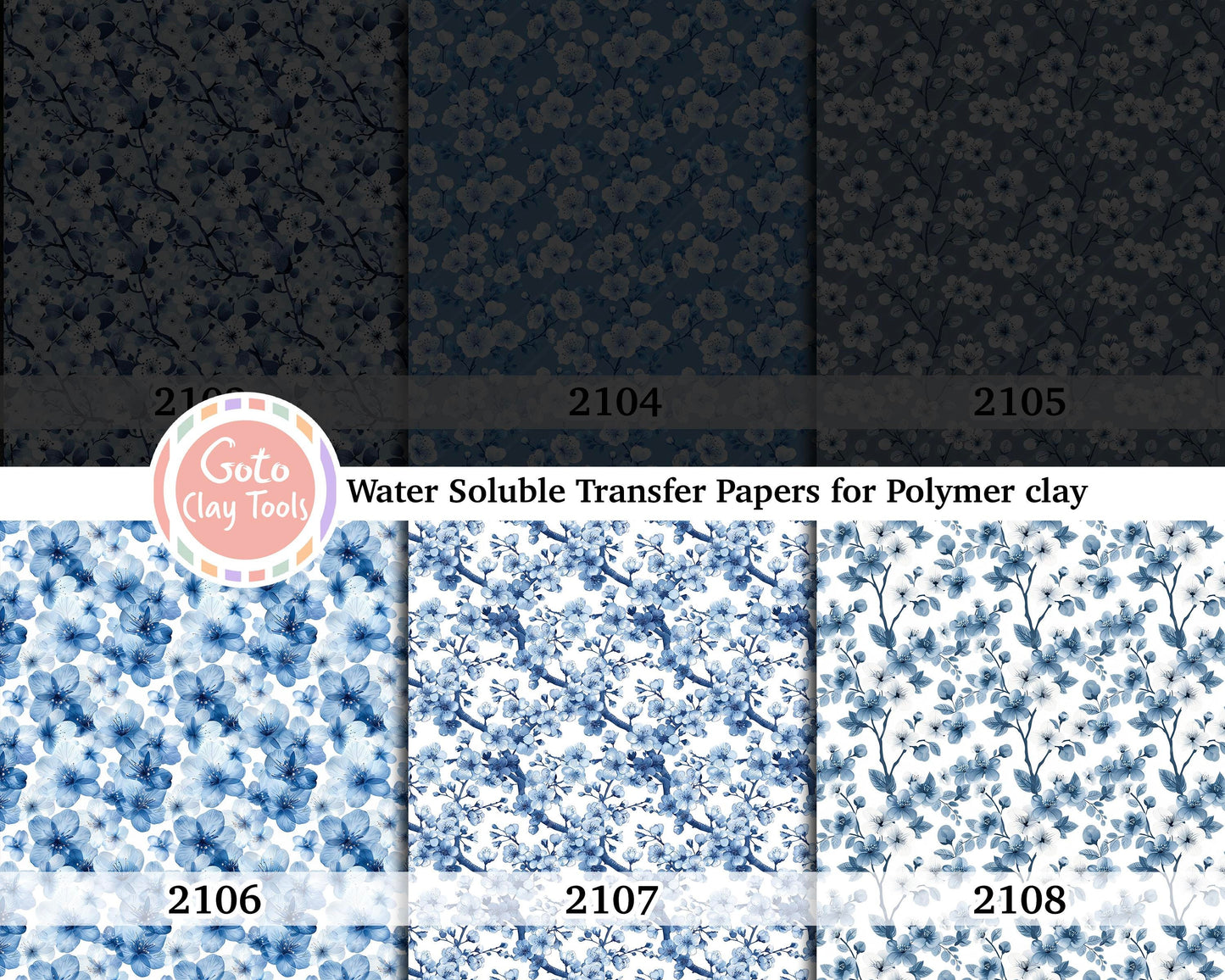 Water soluble Transfer paper for polymer clay, Blue Chinoiserie floral, polymer clay image transfers, magic transfer paper