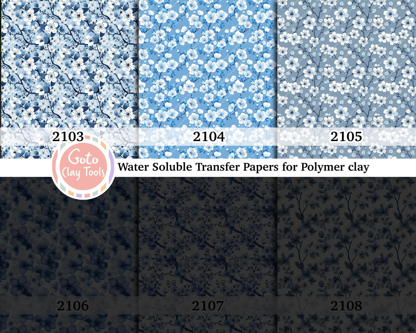 Water soluble Transfer paper for polymer clay, Blue Chinoiserie floral, polymer clay image transfers, magic transfer paper