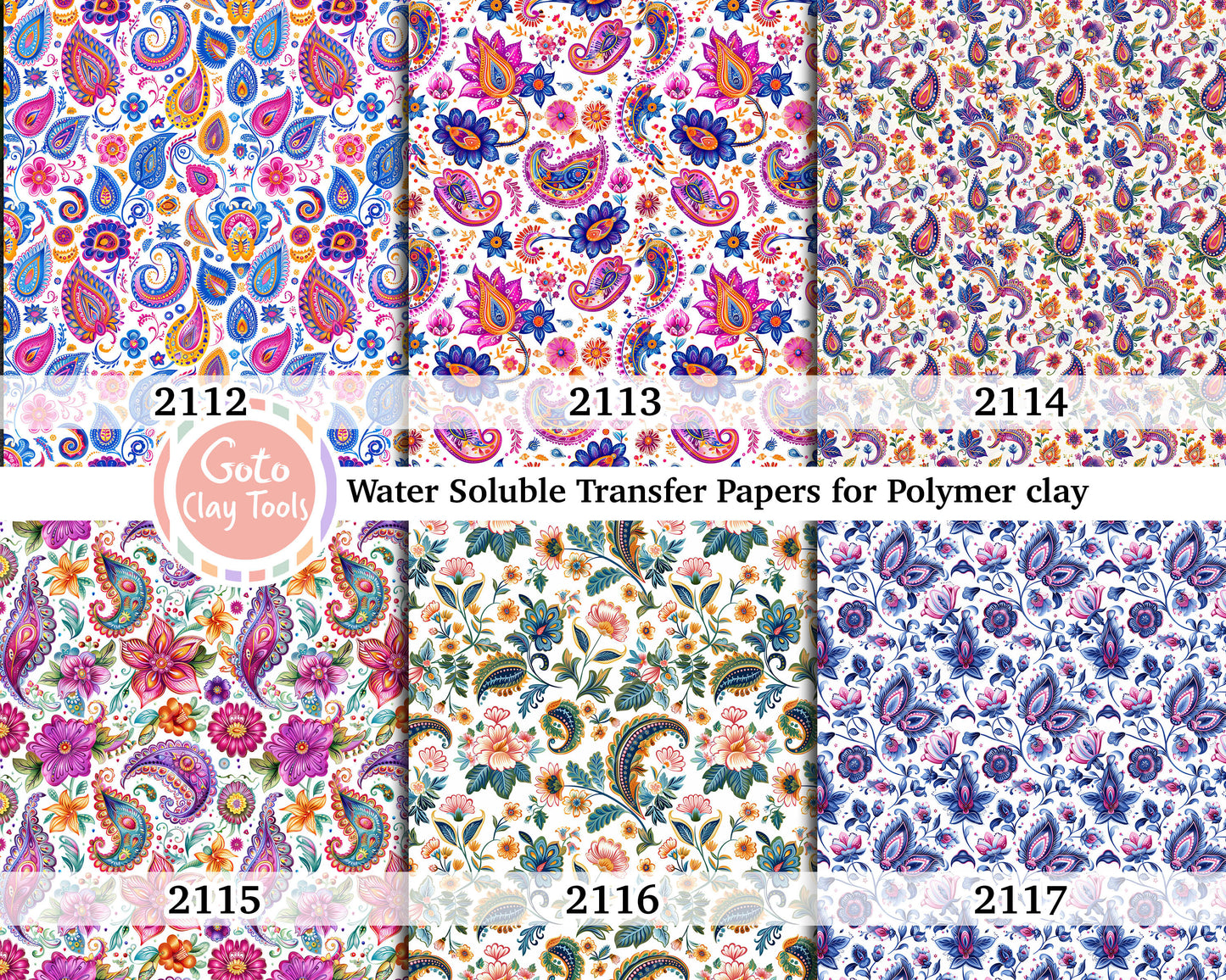 Water soluble Transfer paper for polymer clay, Colorful Paisley floral pattern, polymer clay image transfers, magic transfer paper