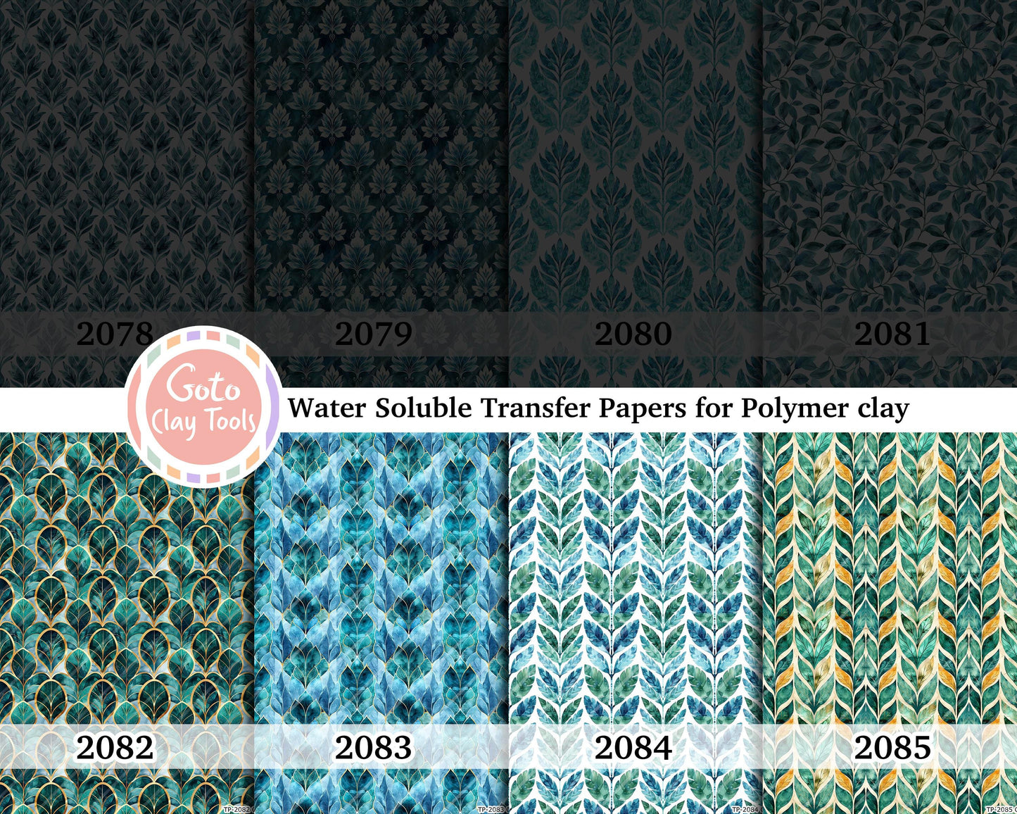 Water soluble Transfer paper for polymer clay, Damask green leaves, polymer clay image transfers, magic transfer paper
