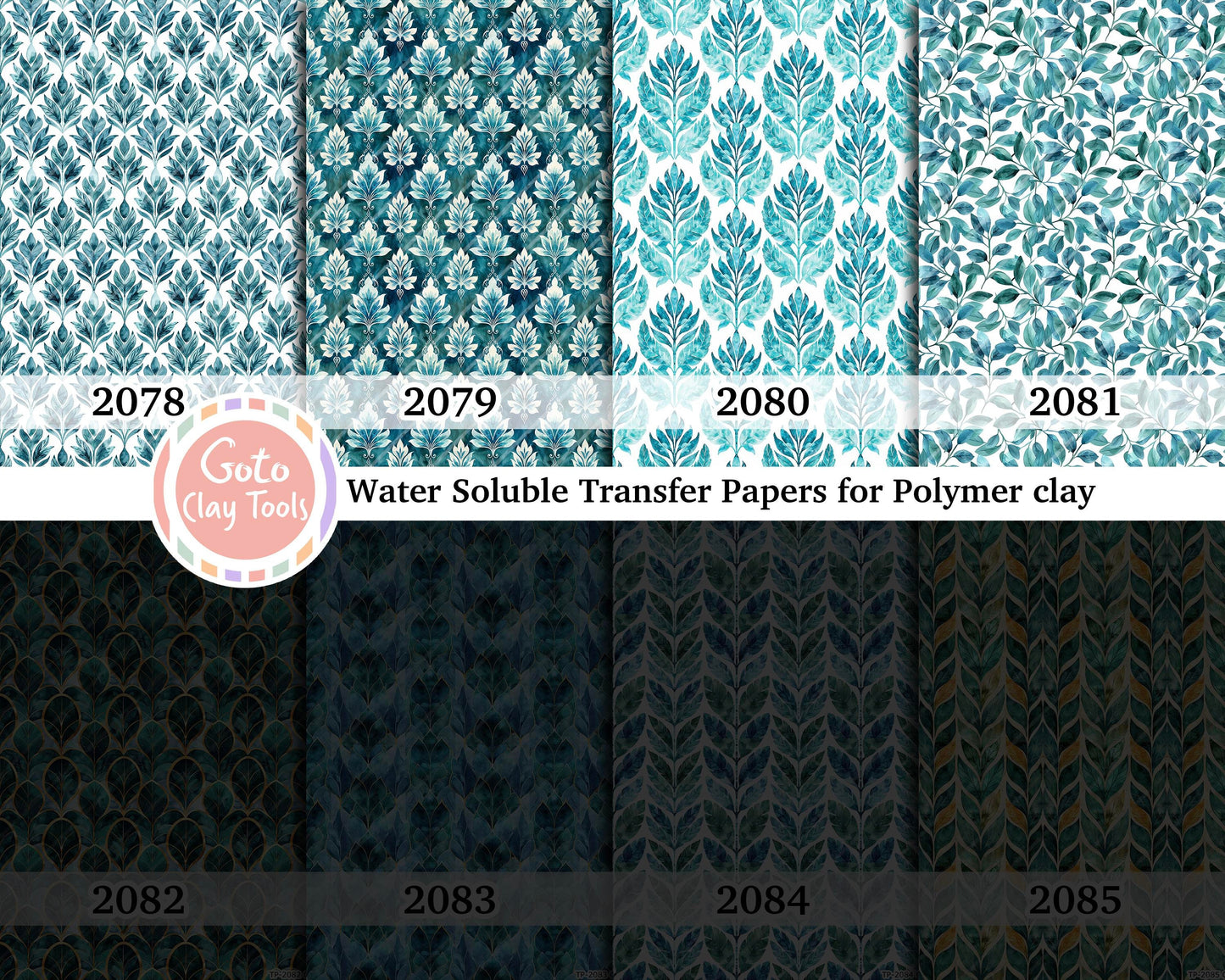 Water soluble Transfer paper for polymer clay, Damask green leaves, polymer clay image transfers, magic transfer paper