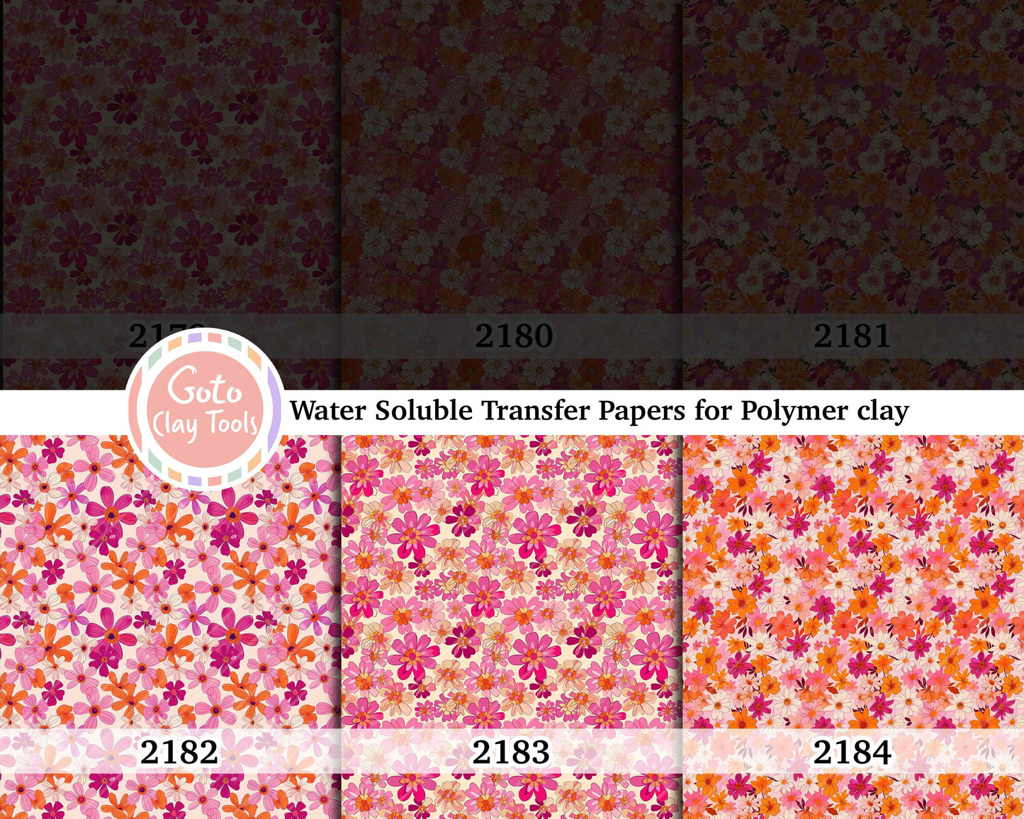 Water soluble Transfer paper for polymer clay, Orange and pink retro floral, polymer clay image transfers, magic transfer paper