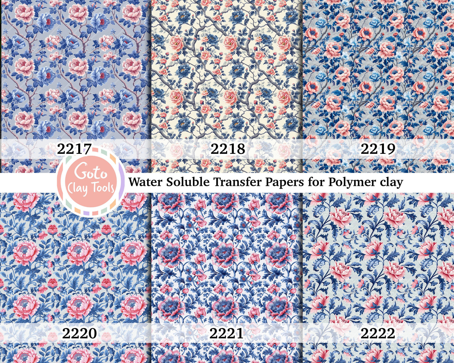 Water soluble Transfer paper for polymer clay, Blue and peach rose floral pattern, polymer clay image transfers, magic transfer paper