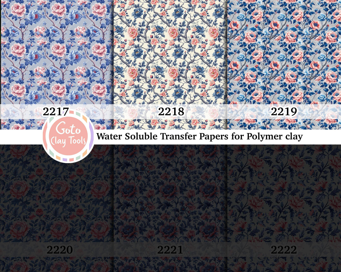 Water soluble Transfer paper for polymer clay, Blue and peach rose floral pattern, polymer clay image transfers, magic transfer paper