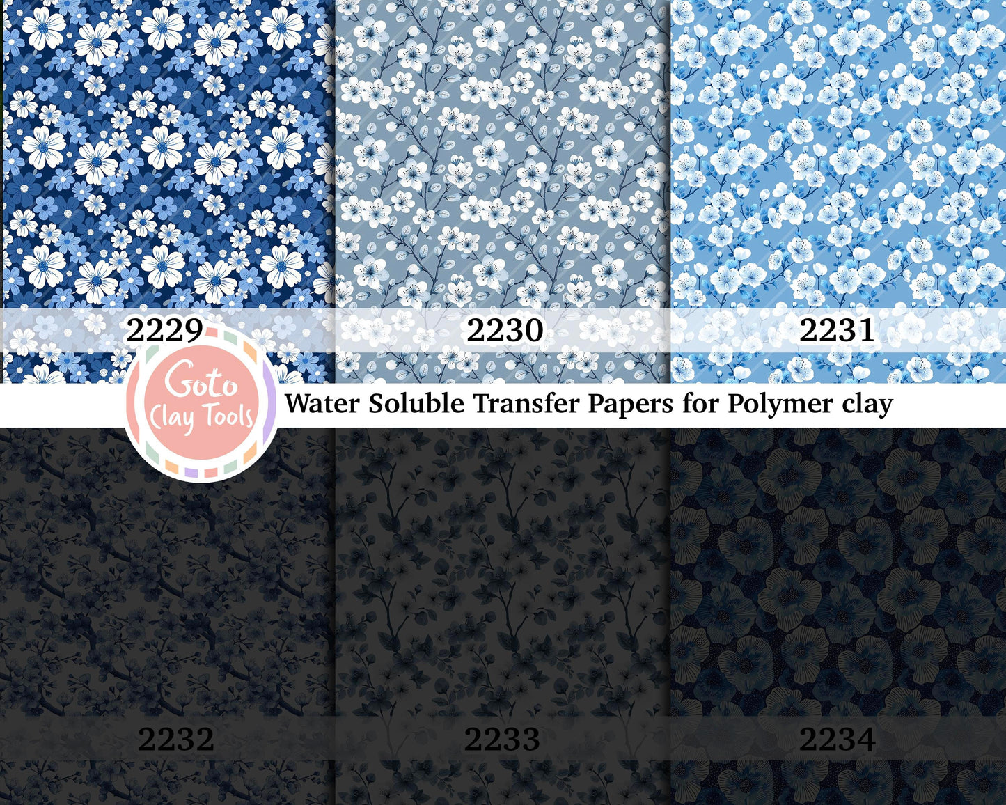 Water soluble Transfer paper for polymer clay, Blue floral pattern, polymer clay image transfers, magic transfer paper