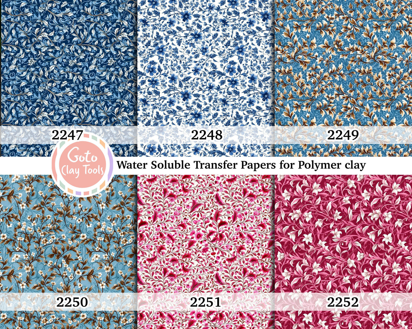 Water soluble Transfer paper for polymer clay, Blue and pink floral pattern, polymer clay image transfers, magic transfer paper