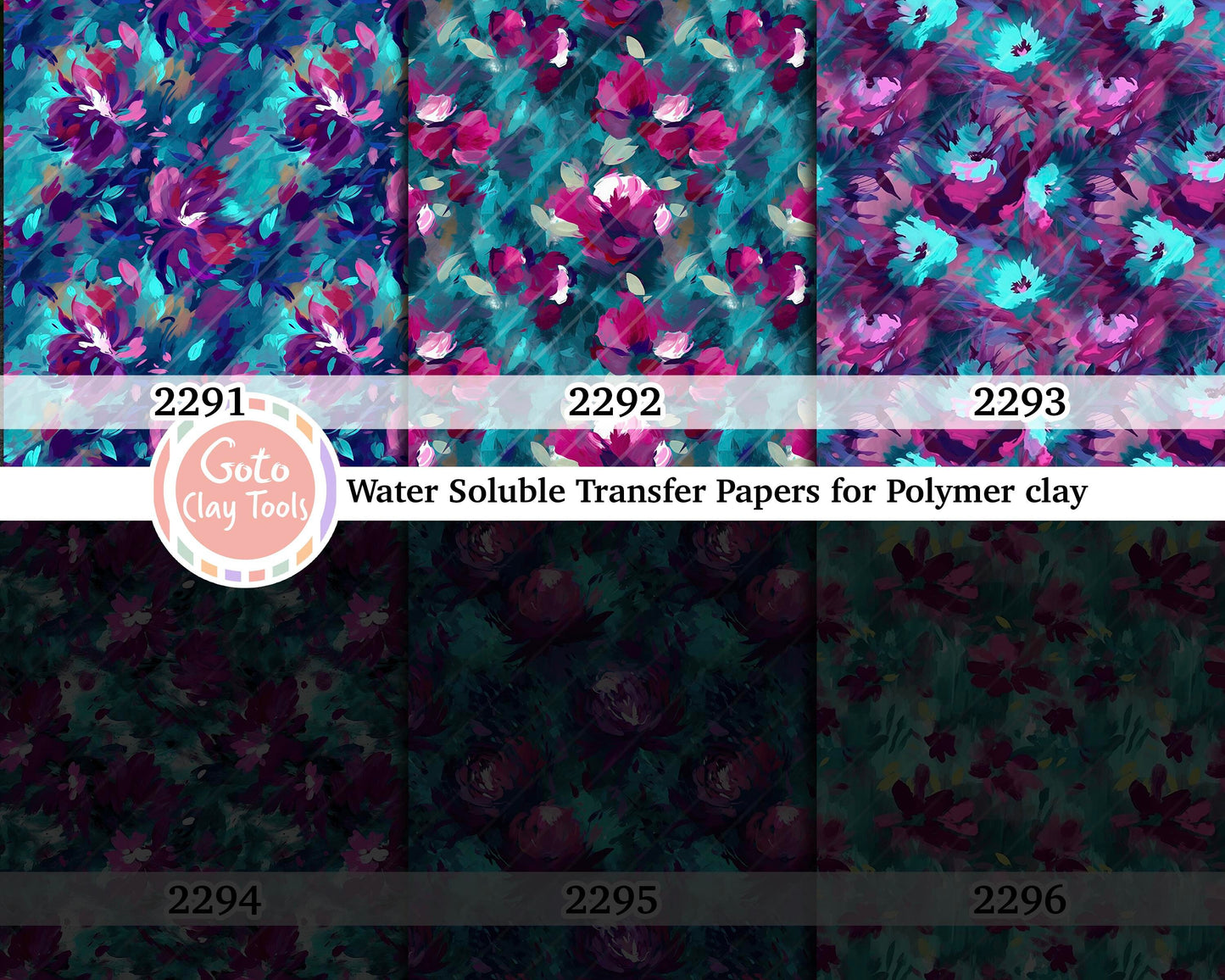 Water soluble Transfer paper for polymer clay, Teal and purple abstract floral pattern, polymer clay image transfers, magic transfer paper