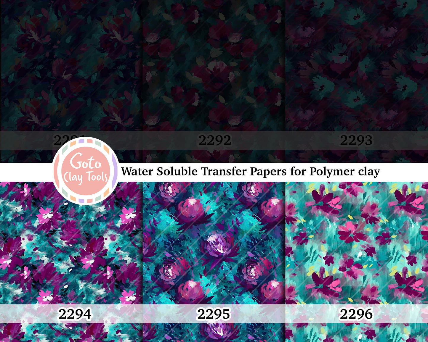 Water soluble Transfer paper for polymer clay, Teal and purple abstract floral pattern, polymer clay image transfers, magic transfer paper
