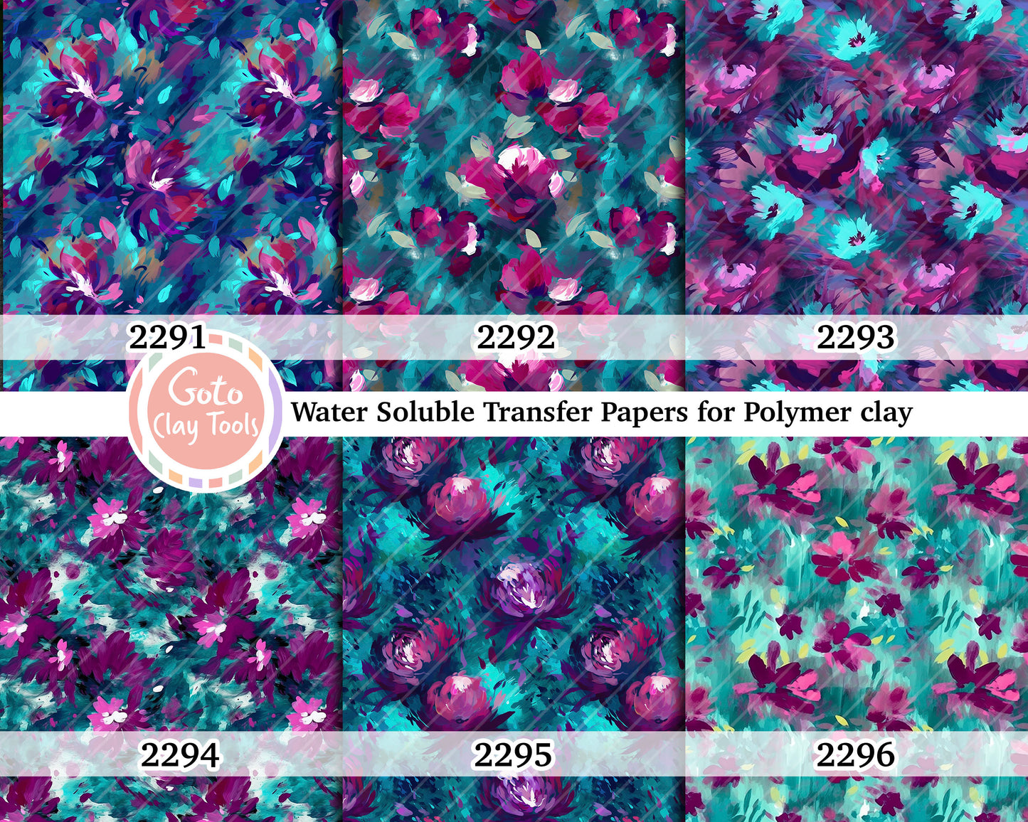Water soluble Transfer paper for polymer clay, Teal and purple abstract floral pattern, polymer clay image transfers, magic transfer paper