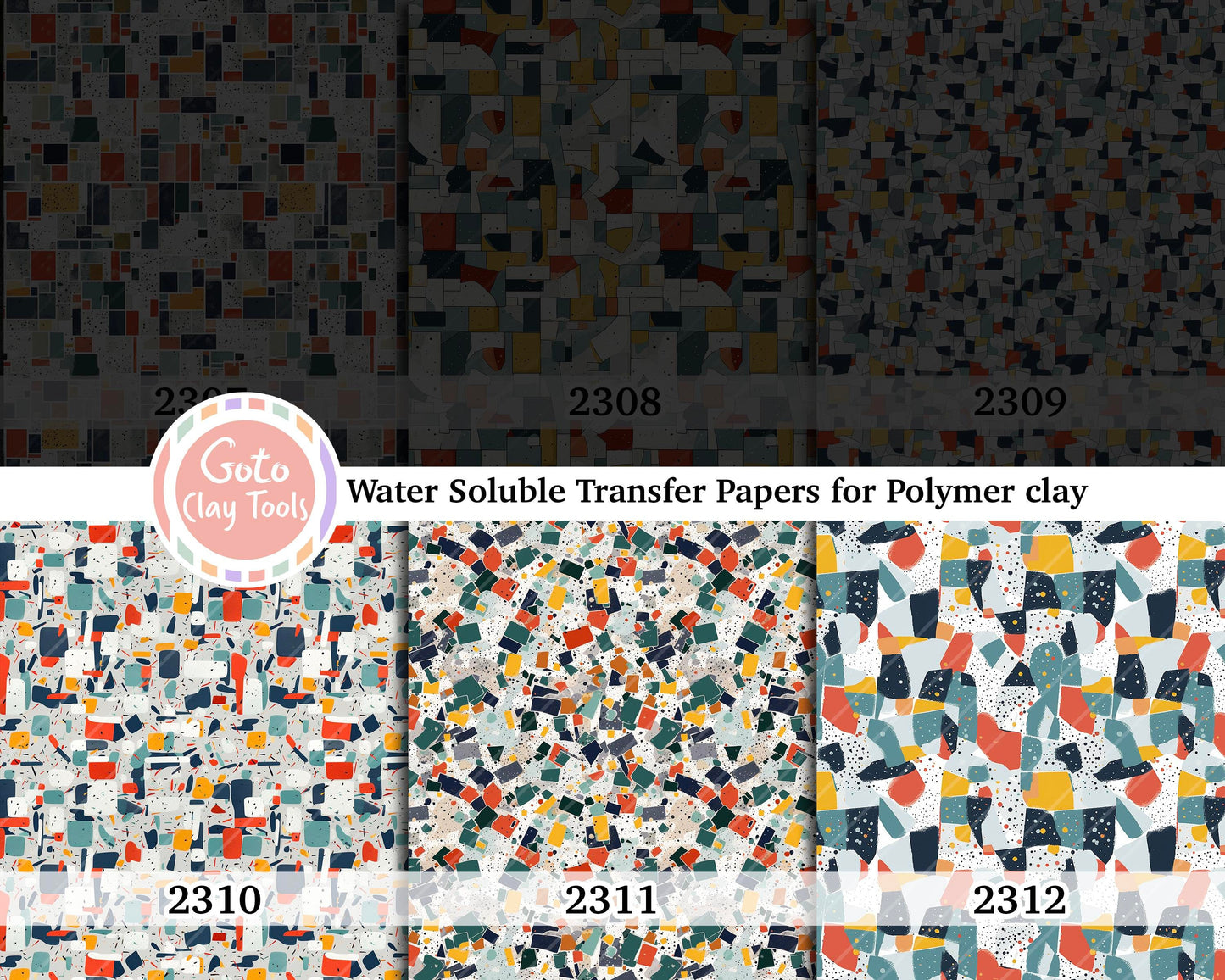Water soluble Transfer paper for polymer clay, Abstract Mosaic pattern, polymer clay image transfers, magic transfer paper