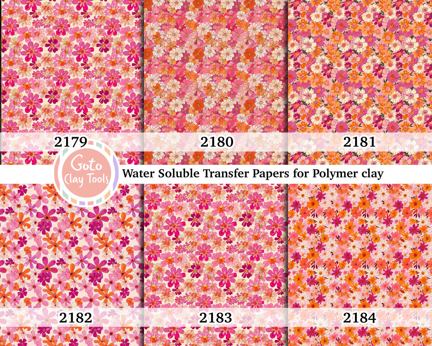Water soluble Transfer paper for polymer clay, Orange and pink retro floral, polymer clay image transfers, magic transfer paper