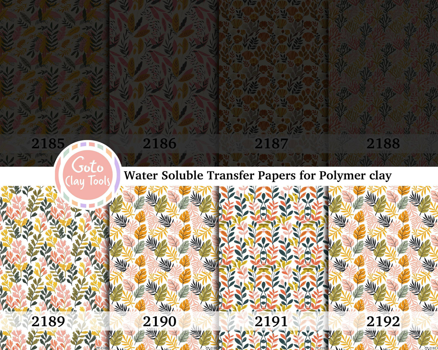 Water soluble Transfer paper for polymer clay, Bohemian Leaves and coral grass, polymer clay image transfers, magic transfer paper