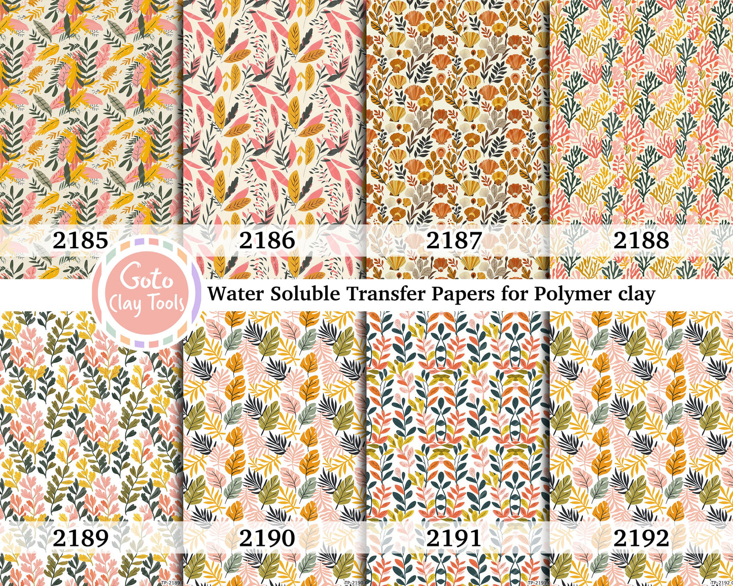 Water soluble Transfer paper for polymer clay, Bohemian Leaves and coral grass, polymer clay image transfers, magic transfer paper