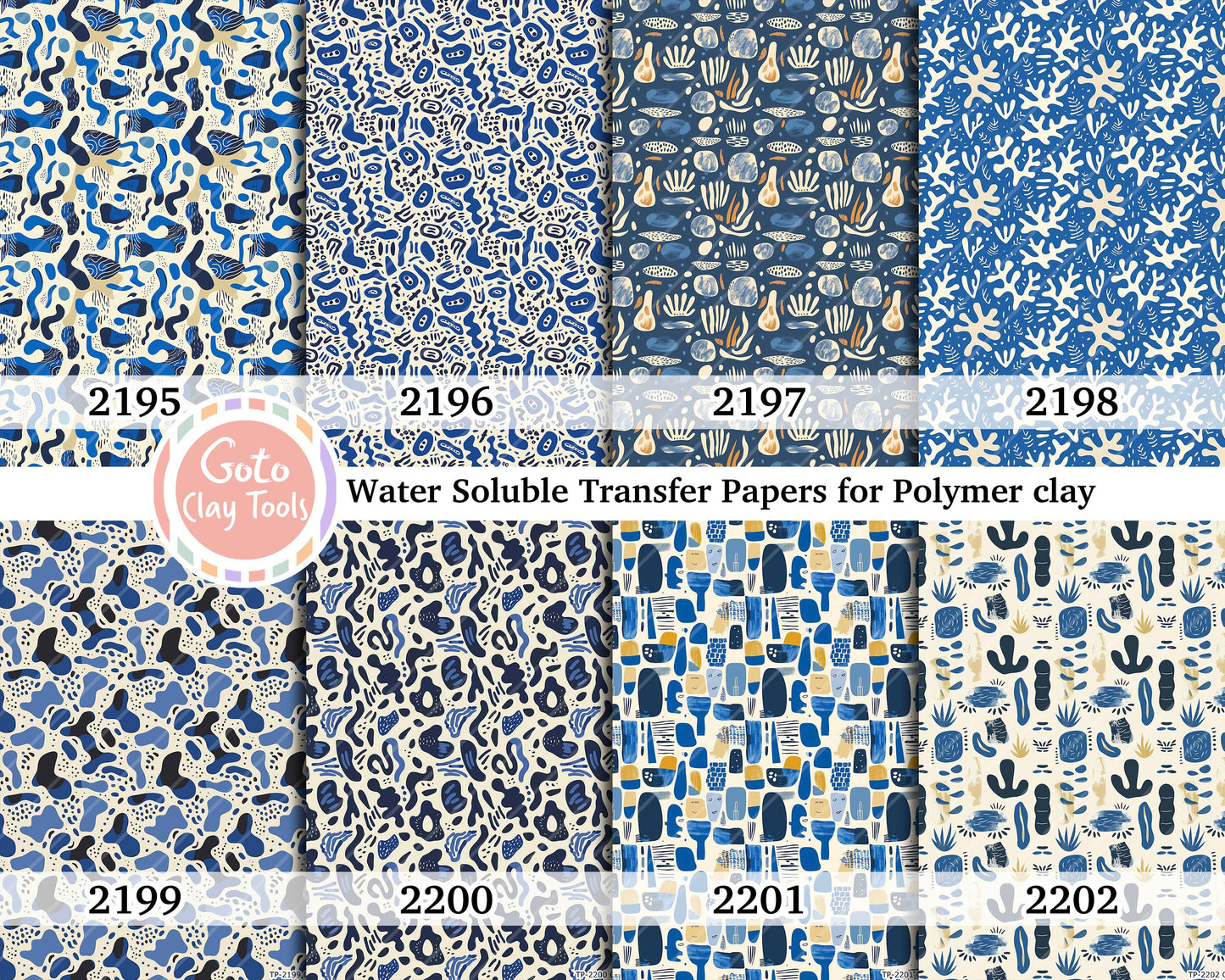 Water soluble Transfer paper for polymer clay, Blue Matisse pattern, polymer clay image transfers, magic transfer paper