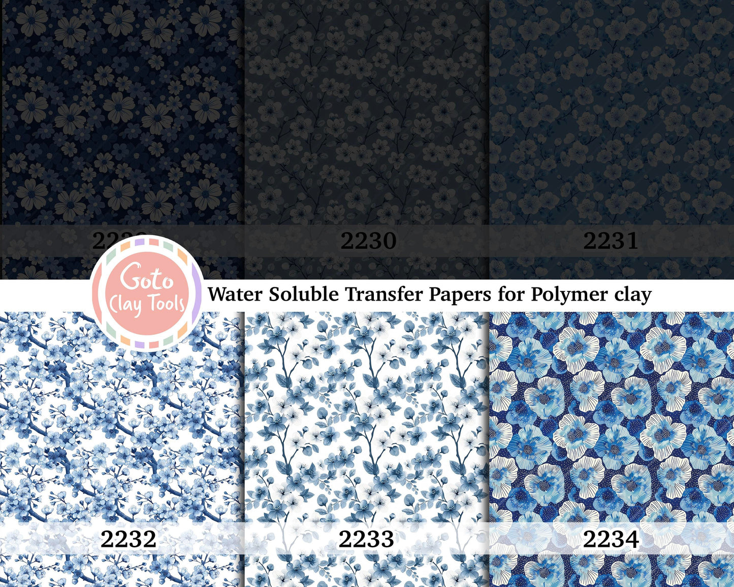 Water soluble Transfer paper for polymer clay, Blue floral pattern, polymer clay image transfers, magic transfer paper