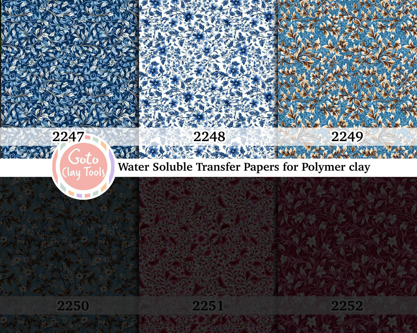 Water soluble Transfer paper for polymer clay, Blue and pink floral pattern, polymer clay image transfers, magic transfer paper