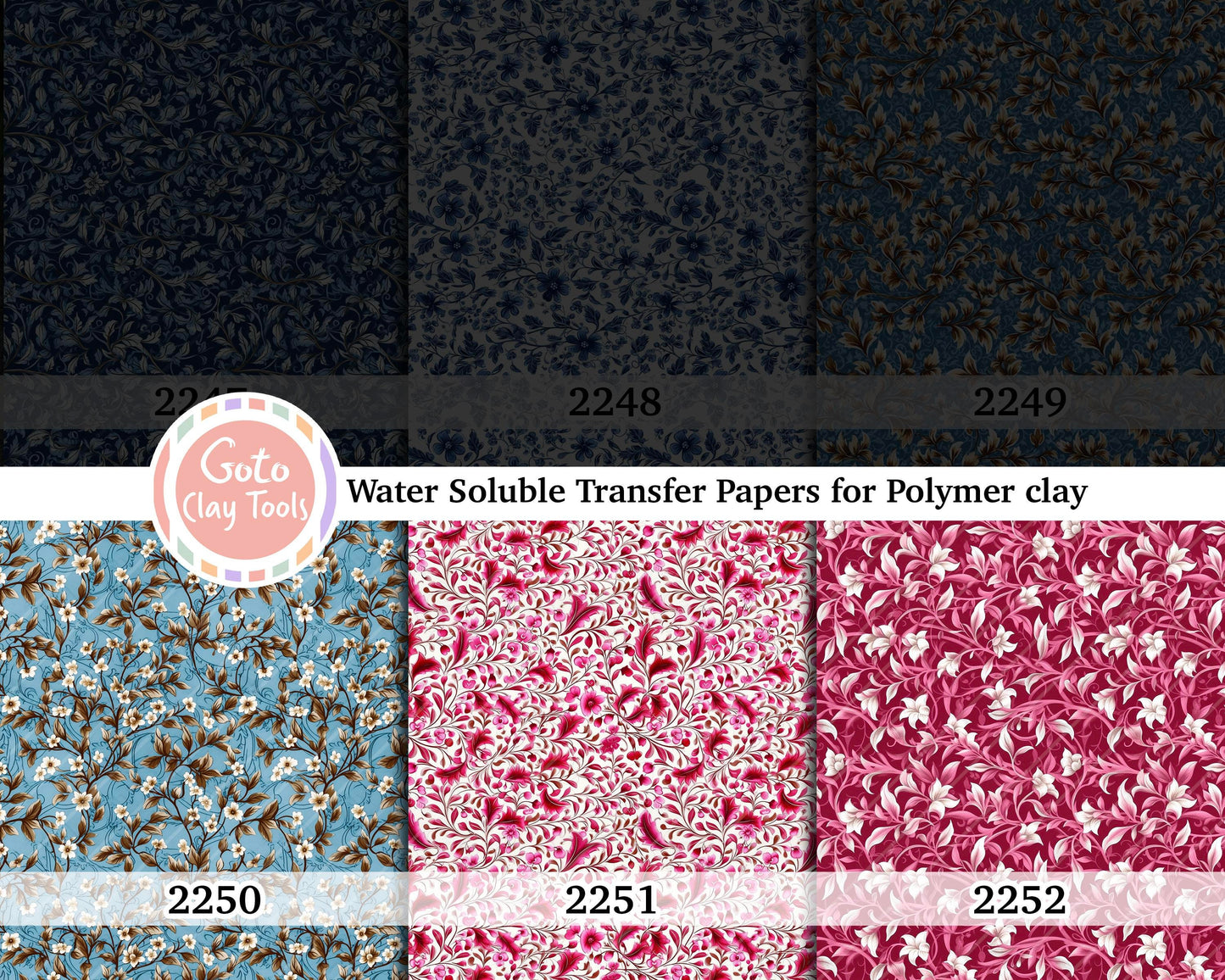 Water soluble Transfer paper for polymer clay, Blue and pink floral pattern, polymer clay image transfers, magic transfer paper