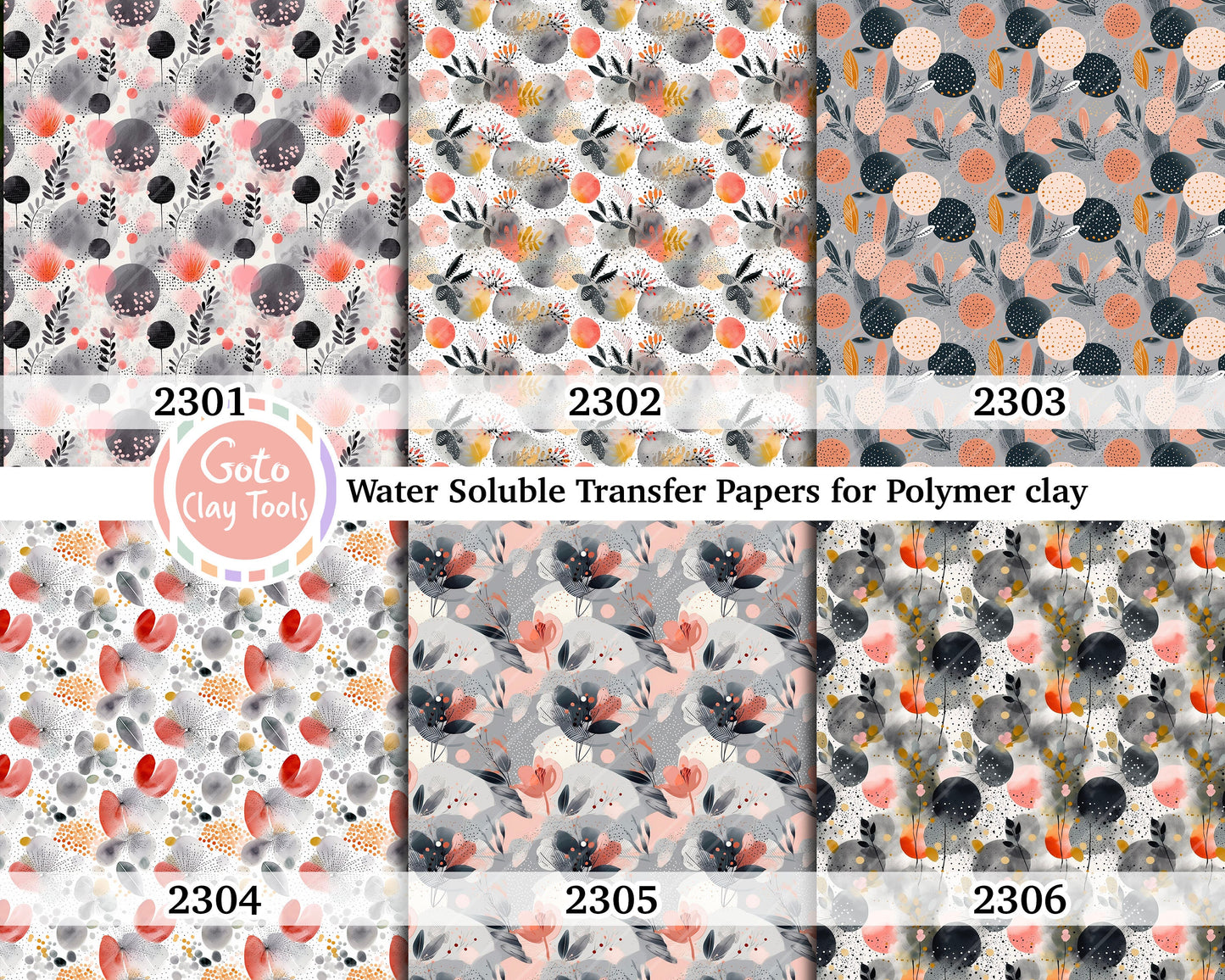 Water soluble Transfer paper for polymer clay, Watercolor circle and leaf pattern, polymer clay image transfers, magic transfer paper