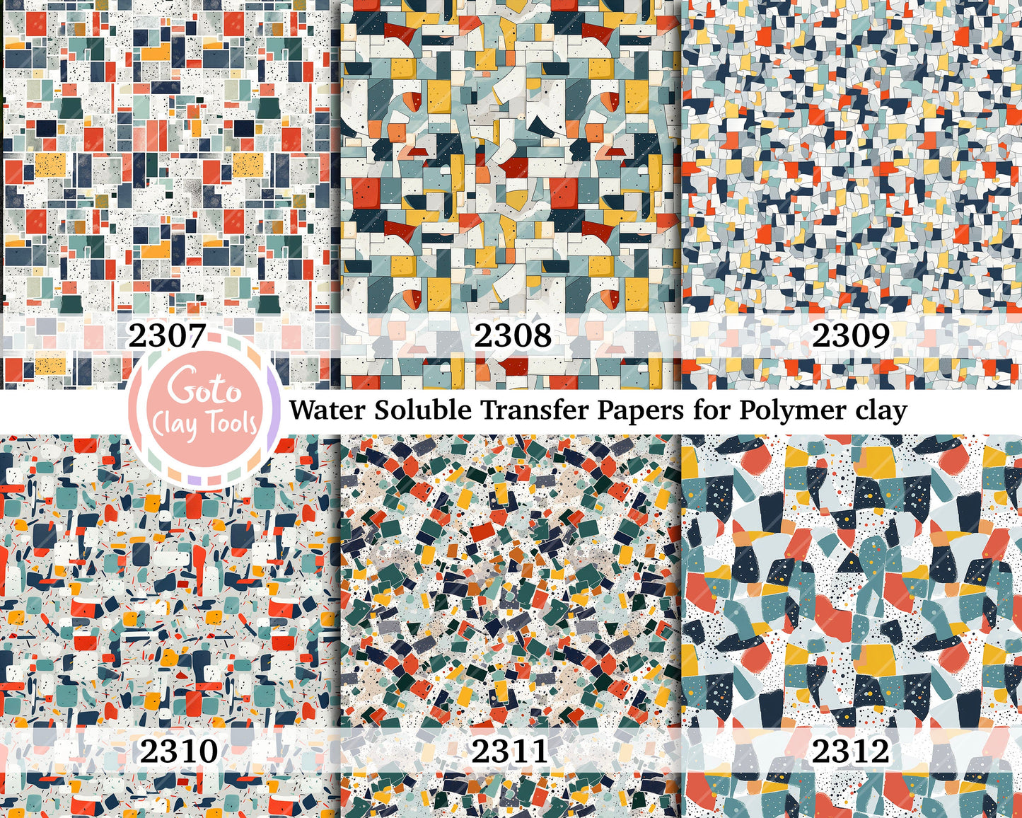 Water soluble Transfer paper for polymer clay, Abstract Mosaic pattern, polymer clay image transfers, magic transfer paper