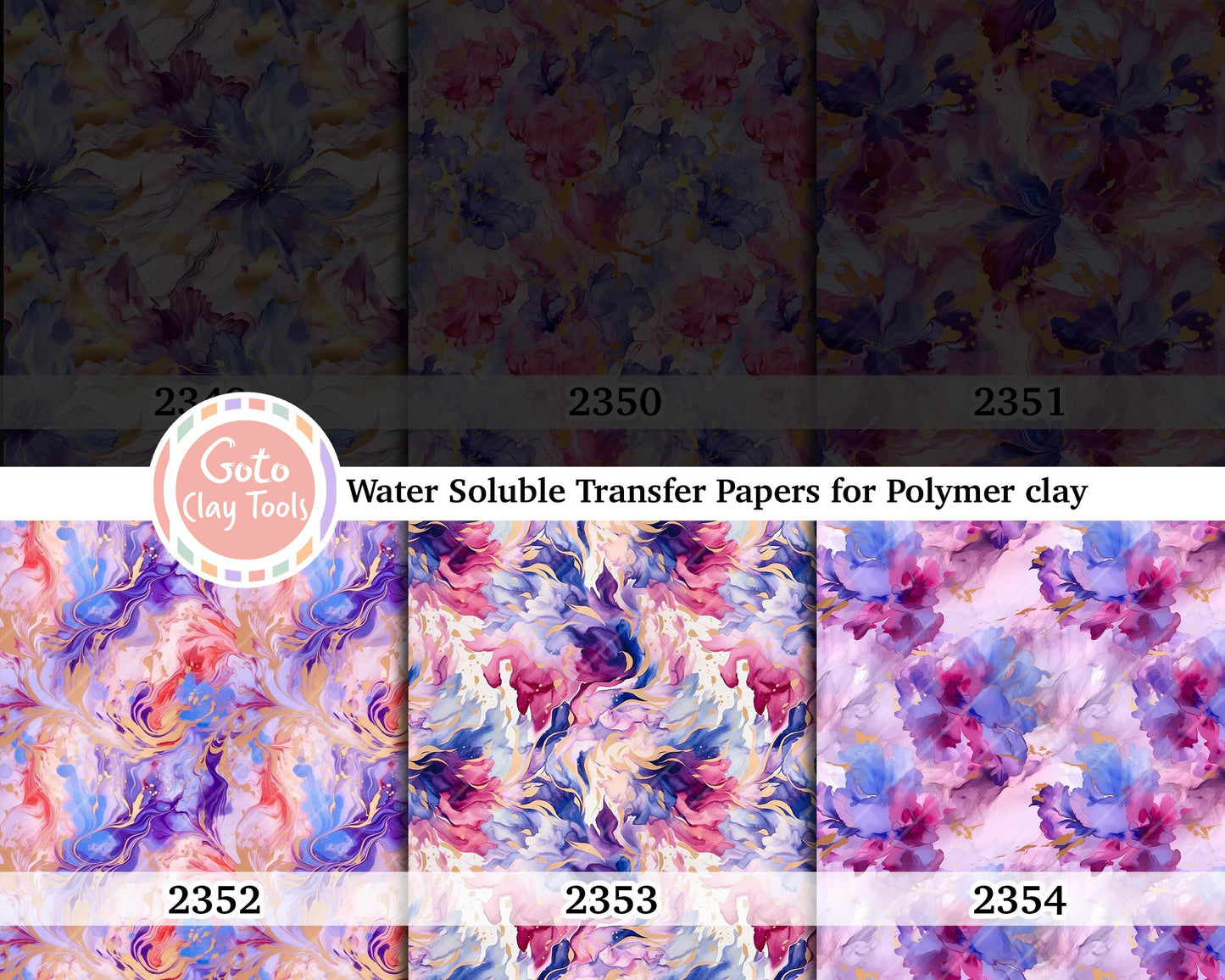 Water soluble Transfer paper for polymer clay, Purple and pink liquid floral pattern, polymer clay image transfers, magic transfer paper
