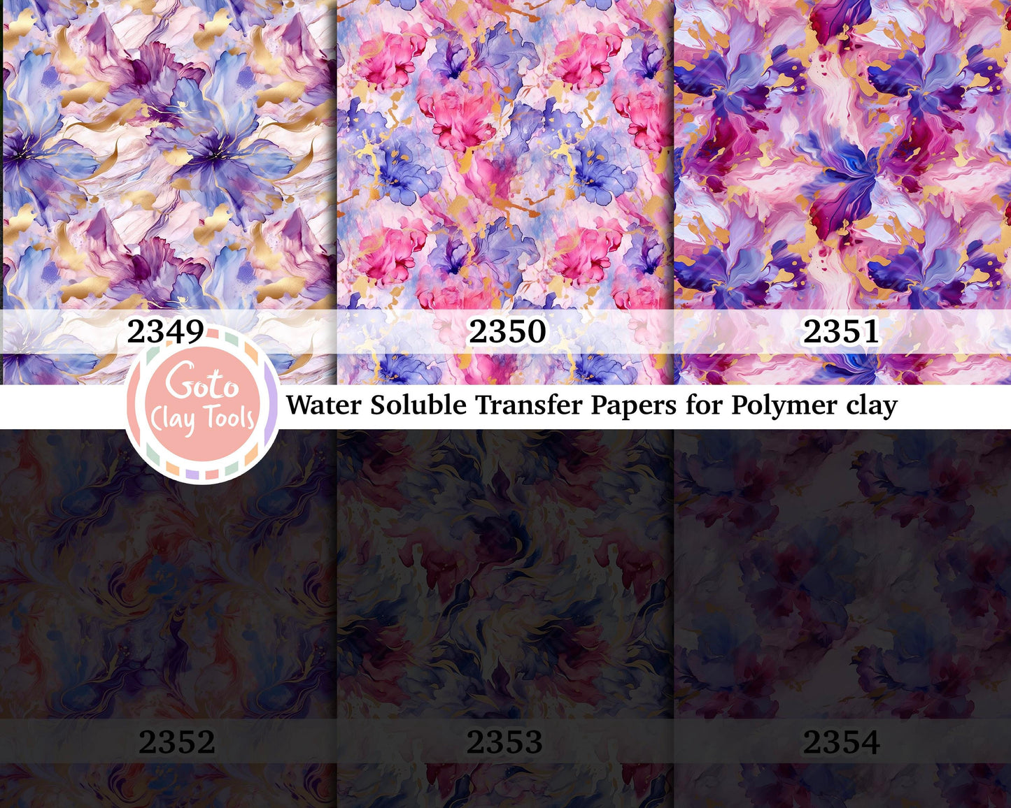 Water soluble Transfer paper for polymer clay, Purple and pink liquid floral pattern, polymer clay image transfers, magic transfer paper