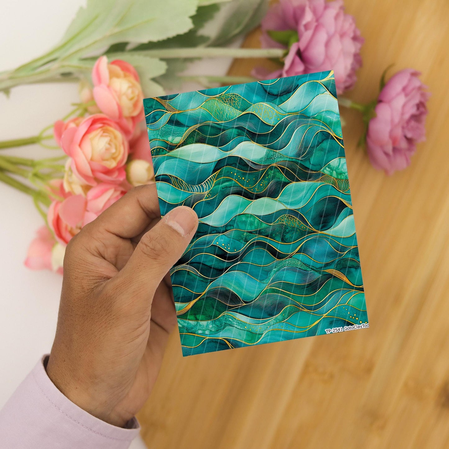Transfer paper for polymer clay, Greeen and Gold Waves, Clay water soluble transfer paper, Clay Transfers, Clay Transfer sheets