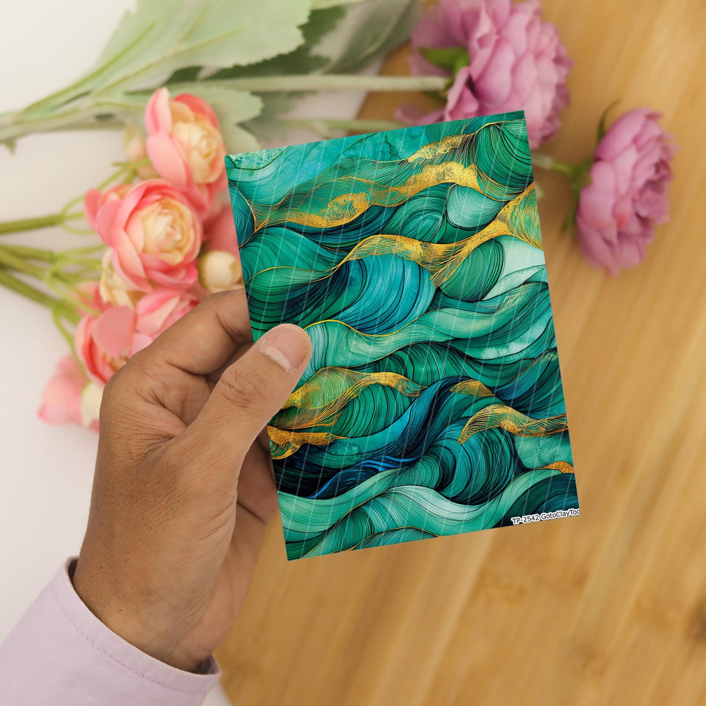 Transfer paper for polymer clay, Greeen and Gold Waves, Clay water soluble transfer paper, Clay Transfers, Clay Transfer sheets