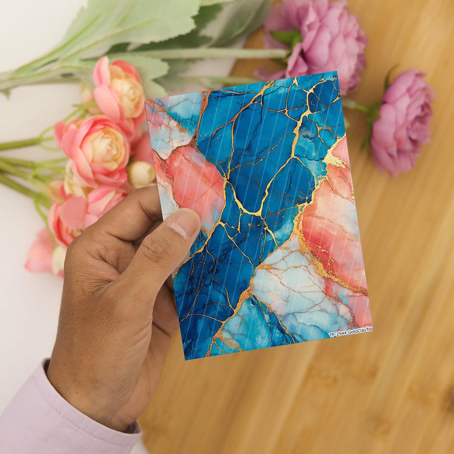 Transfer paper for polymer clay, Blue and Peach Marble, Clay water soluble transfer paper, Clay Transfers, Clay Transfer sheets