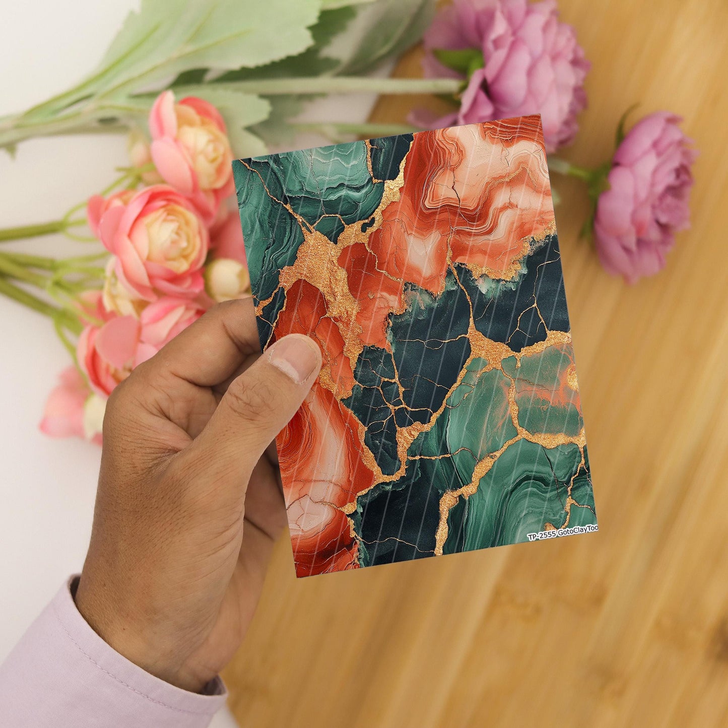 Marbling Polymer Clay Transfer Paper: Green, Orange, 4x5.5"
