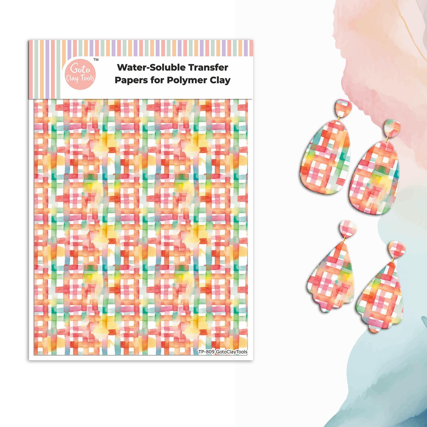 Watercolor Plaids Transfer Paper for Polymer Clay (4x5.5 inches) #809