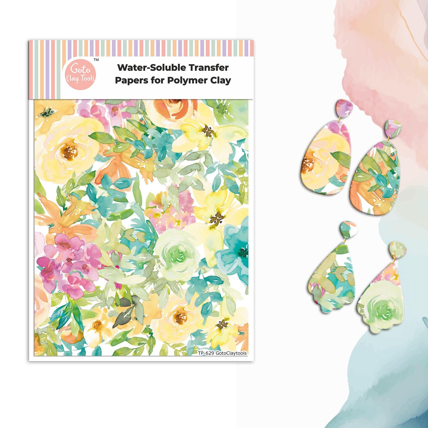 Watercolor Flowers Transfer Paper for Polymer Clay (4x5.5 inches) #629