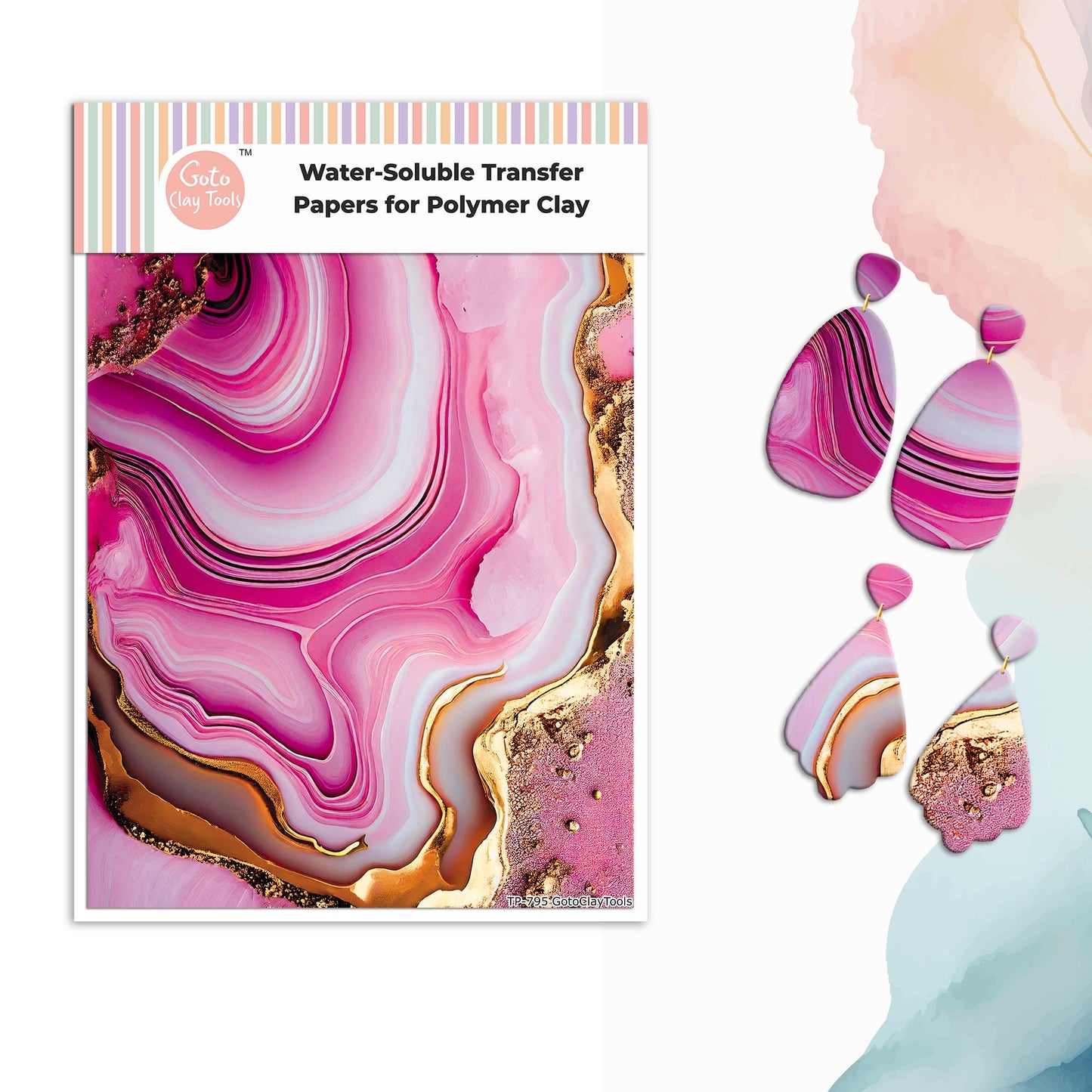 Pink Marble Polymer Clay Transfer Paper: Water Soluble, Gold Detail #795