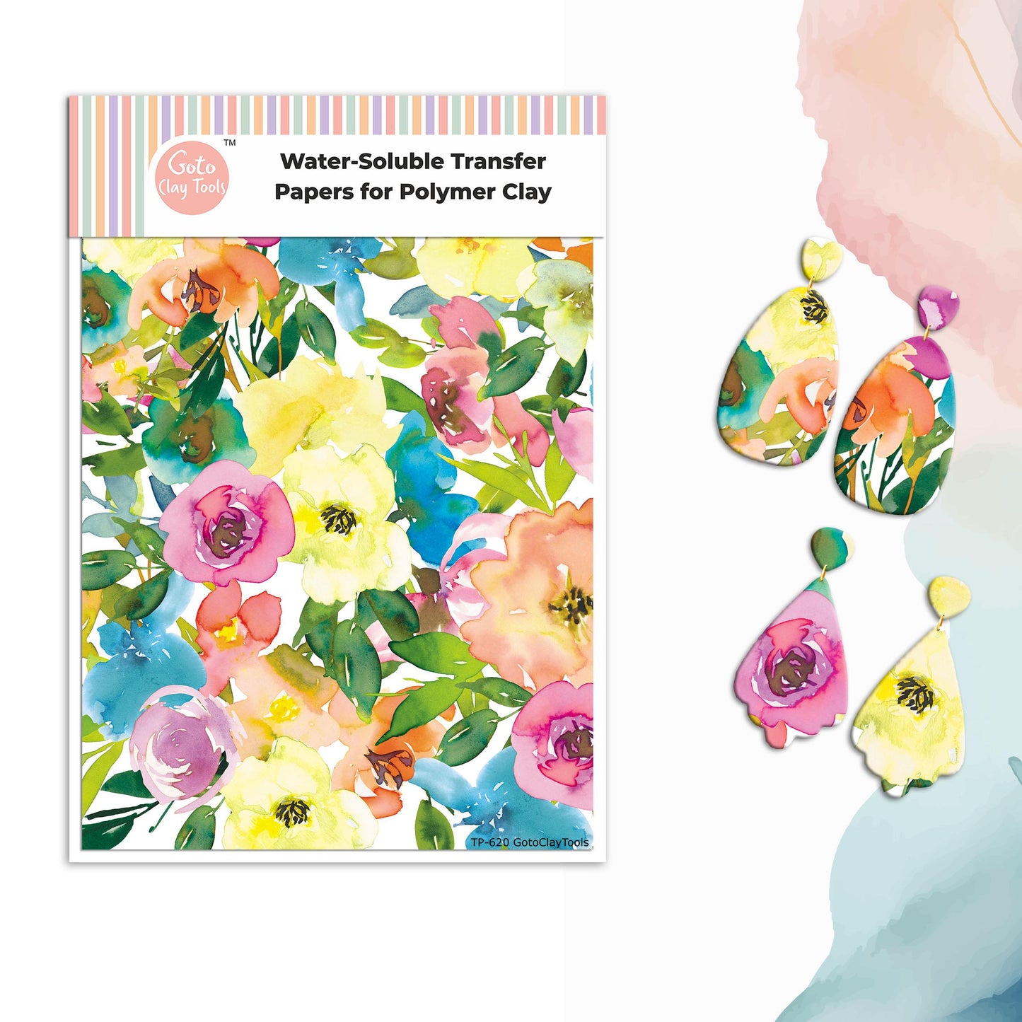 Watercolor Flowers Transfer Paper for Polymer Clay (4x5.5 inch) #620