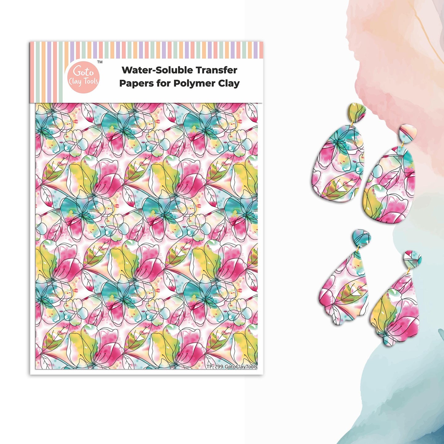 Watercolor Flower Transfer Paper for Polymer Clay (4x5.5 inches) #799