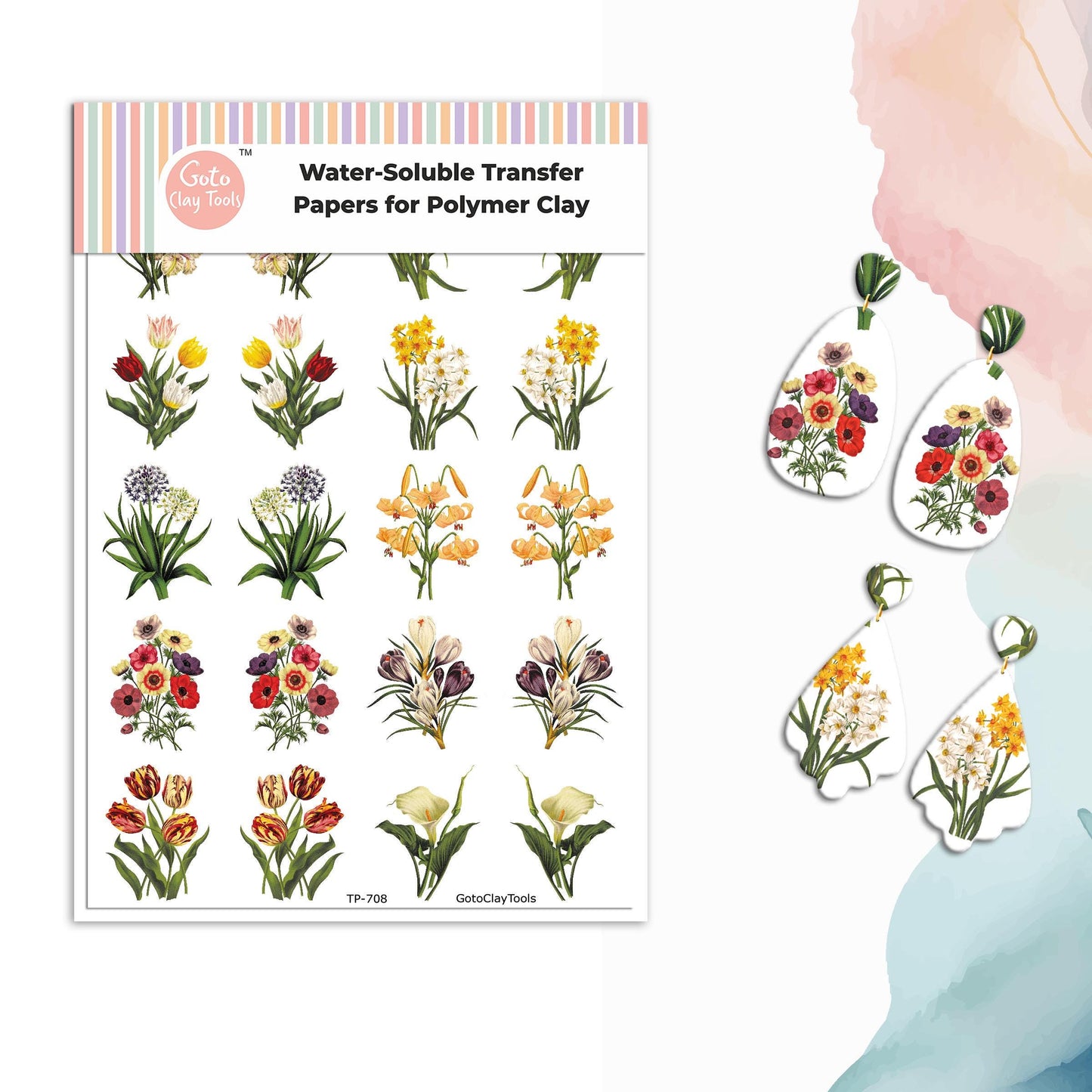 Transfer paper for polymer clay, floral bouquet, water soluble transfer paper, polymer clay image transfers, magic transfer paper #708