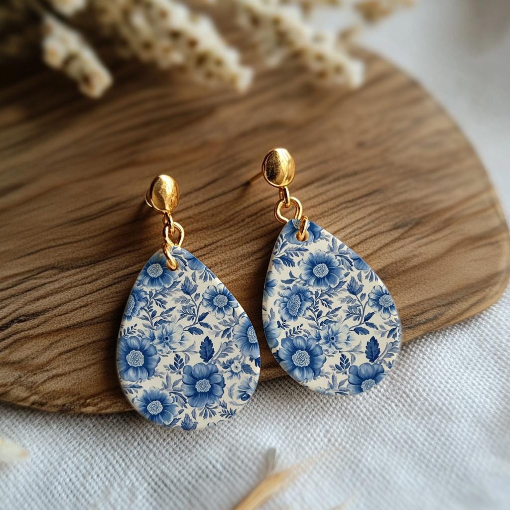 Blue Chinoiserie Floral Transfer Paper for Polymer Clay
