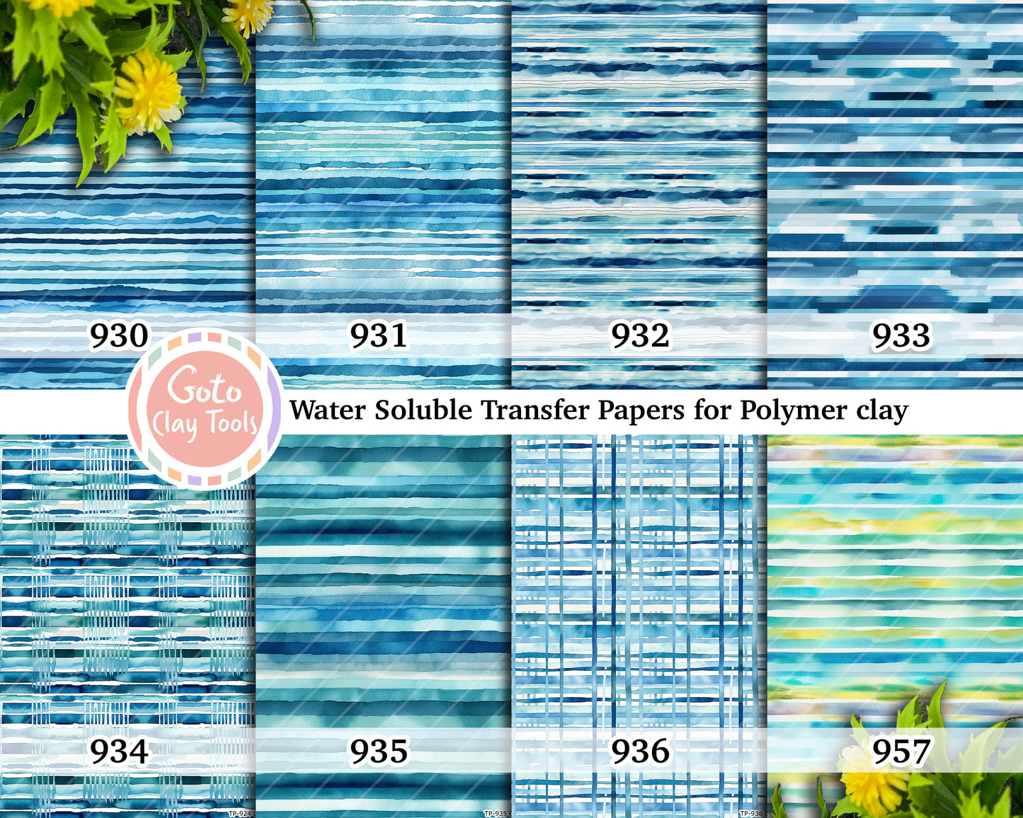 Water soluble Transfer paper for polymer clay, Watercolor Blue Stripes Stripes patterns, polymer clay image transfers, magic transfer paper