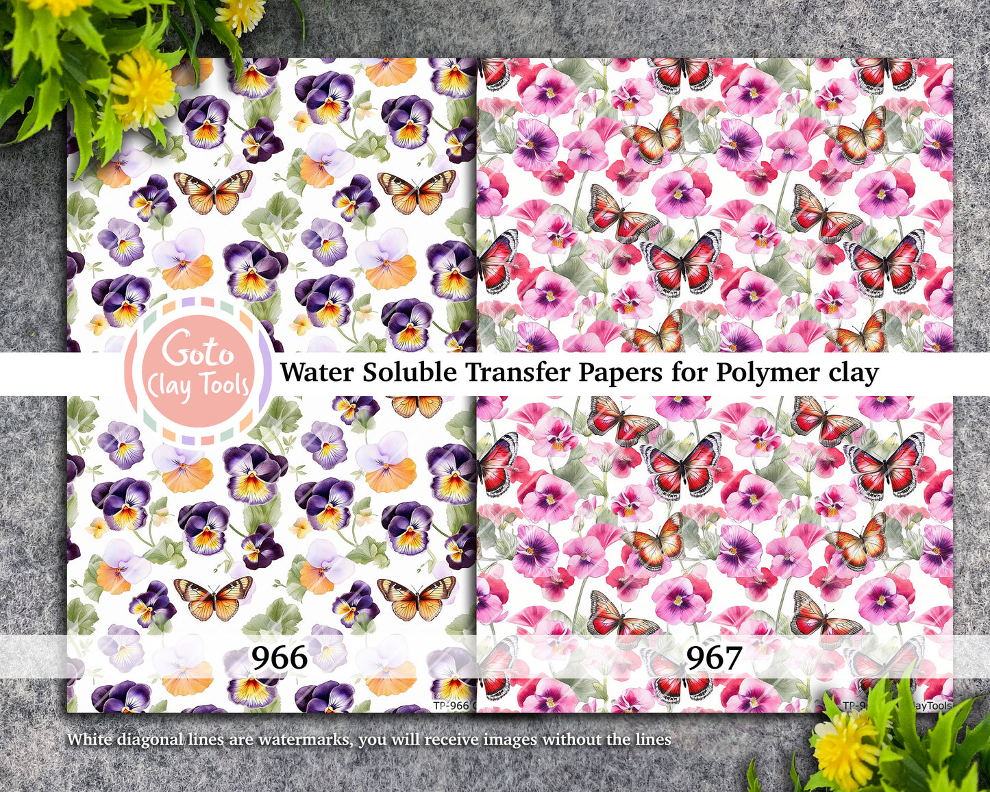 Water soluble Transfer paper for polymer clay, Butterfly and pansy flower pattern, polymer clay image transfers, magic transfer paper