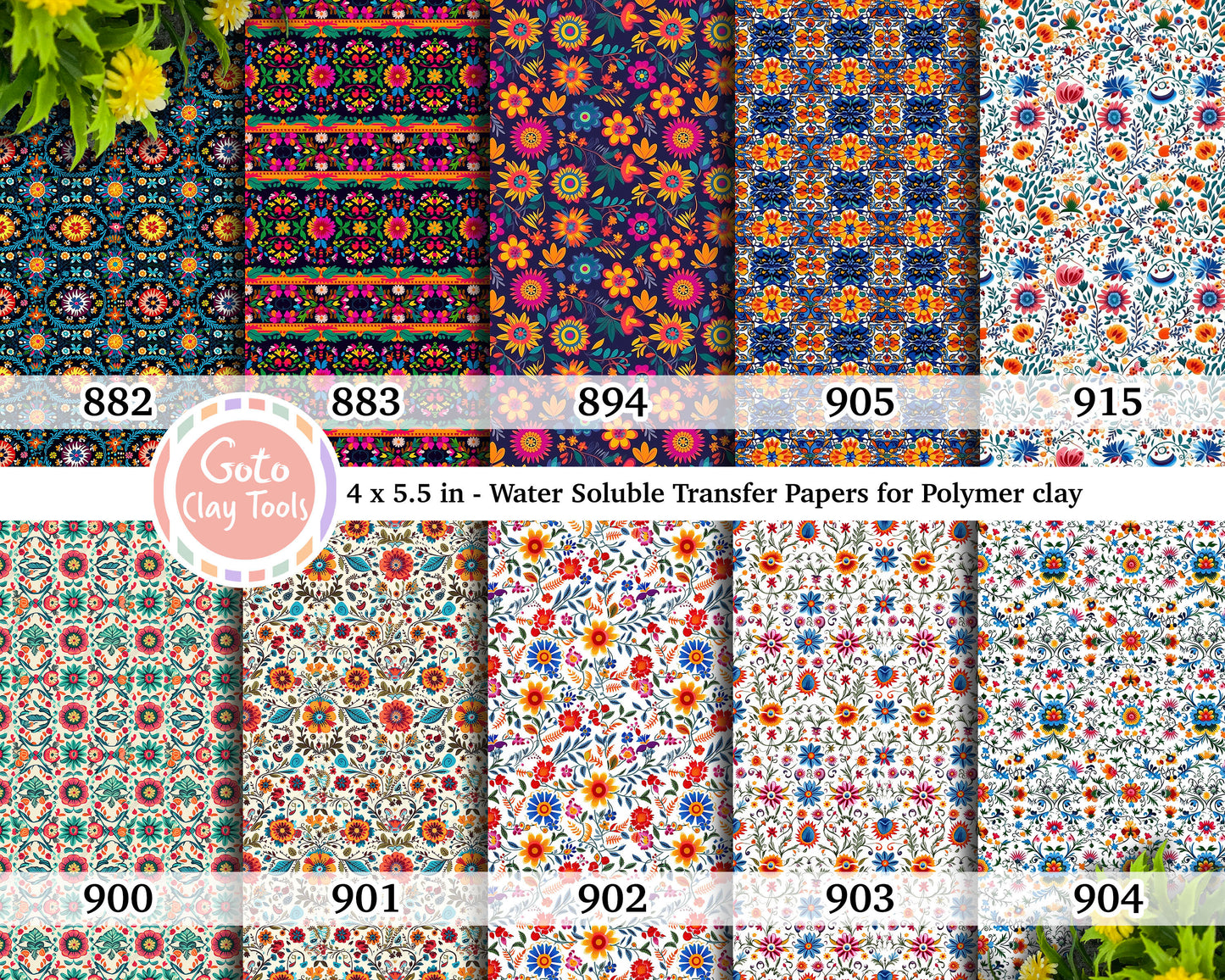 Mexican Water soluble Transfer paper for polymer clay, Colorful flower patterns, polymer clay image transfers, magic transfer paper