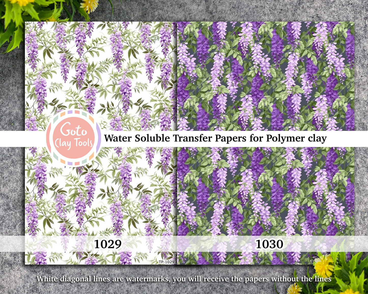 Water soluble Transfer paper for polymer clay, Purple lavender vine pattern, polymer clay image transfers, magic transfer paper