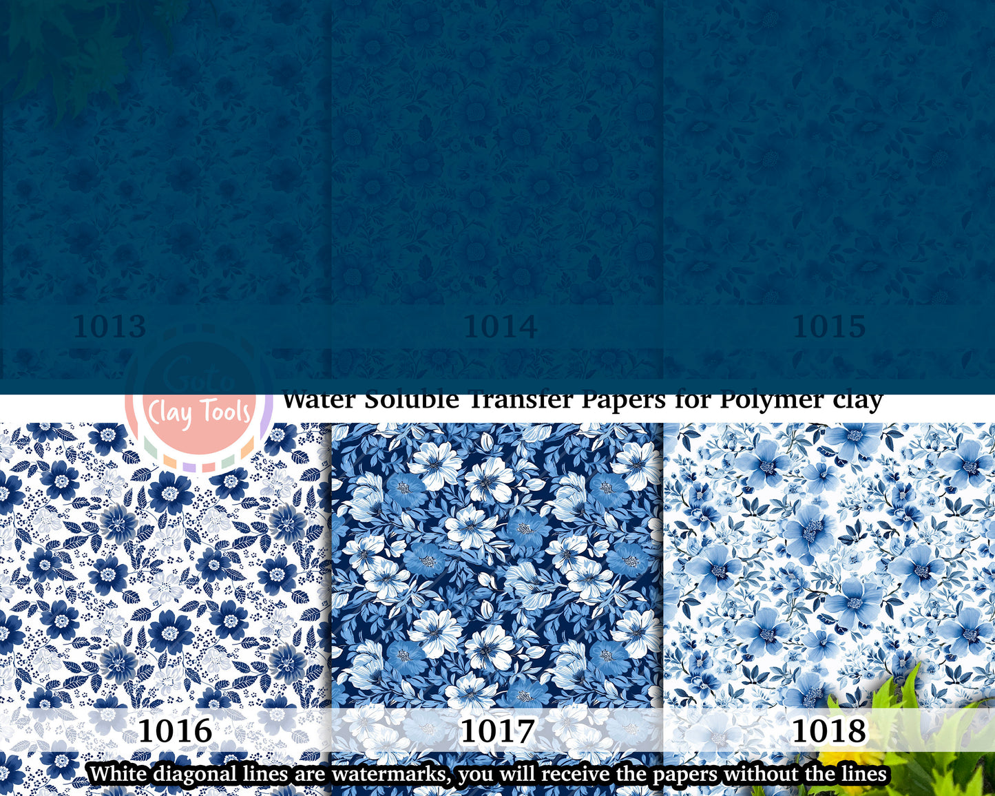 Blue floral Water soluble Transfer paper for polymer clay, chinoiserie patterns, polymer clay image transfers, magic transfer paper