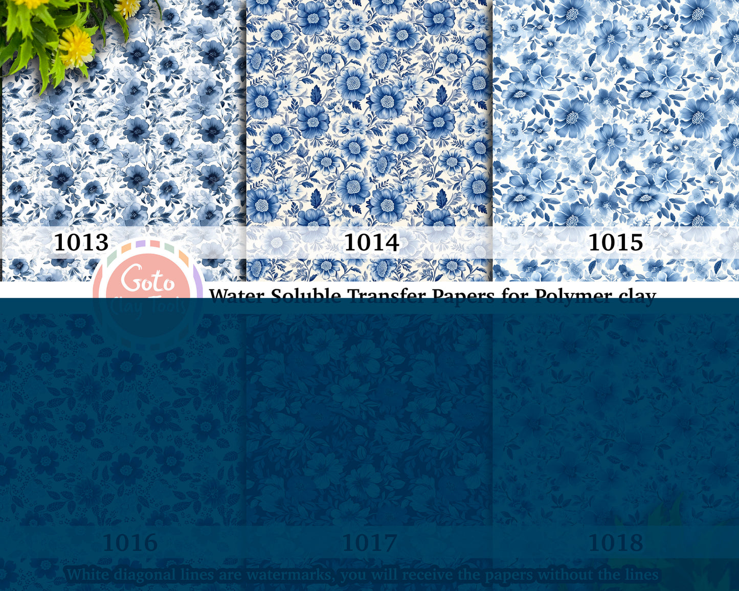 Blue floral Water soluble Transfer paper for polymer clay, chinoiserie patterns, polymer clay image transfers, magic transfer paper